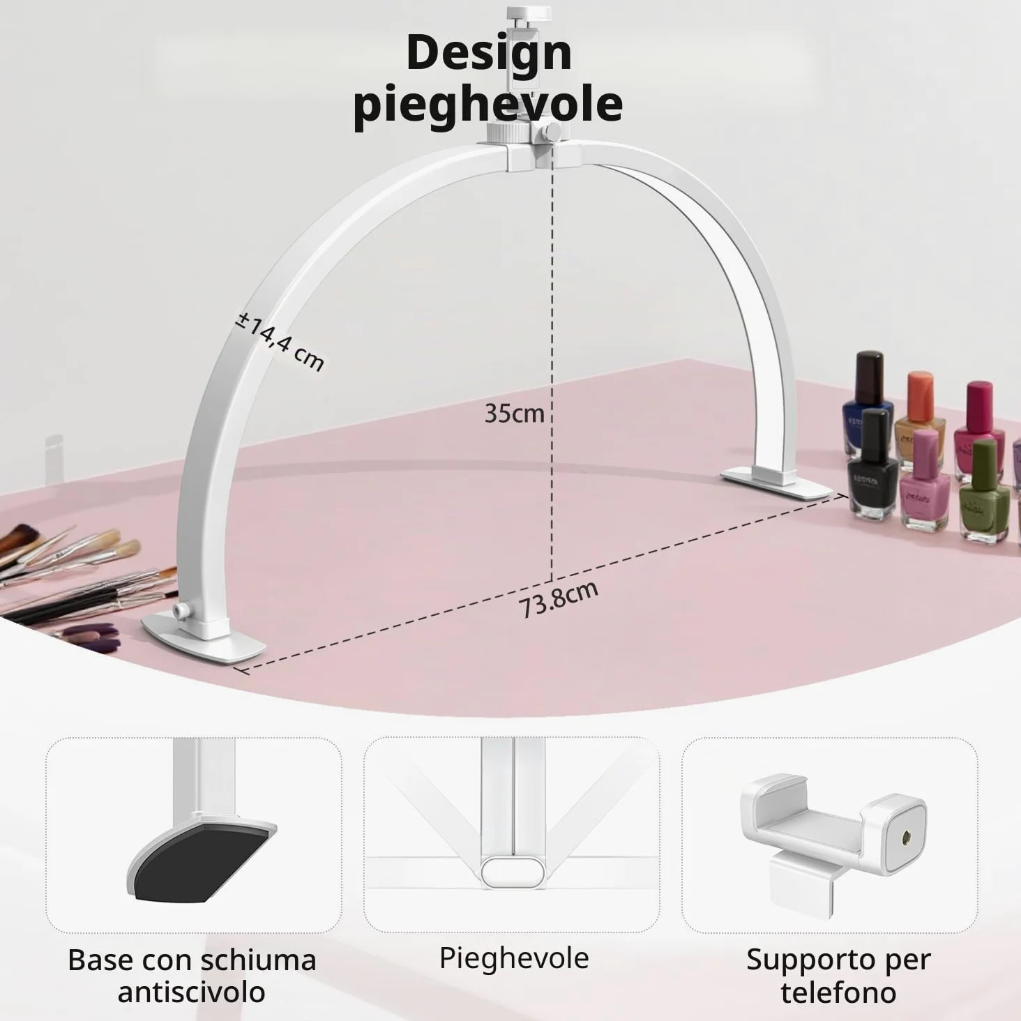 yAyusi Mezza Luna Lampada, 74CM 35W Pieghevole Lampada da Tavolo per Unghie con Supporto per Cellulare, 3 Modalità, 10 Livelli di Luminosità Regolabili, Adatti per Bellezza/Nail Art/Tatuaggio