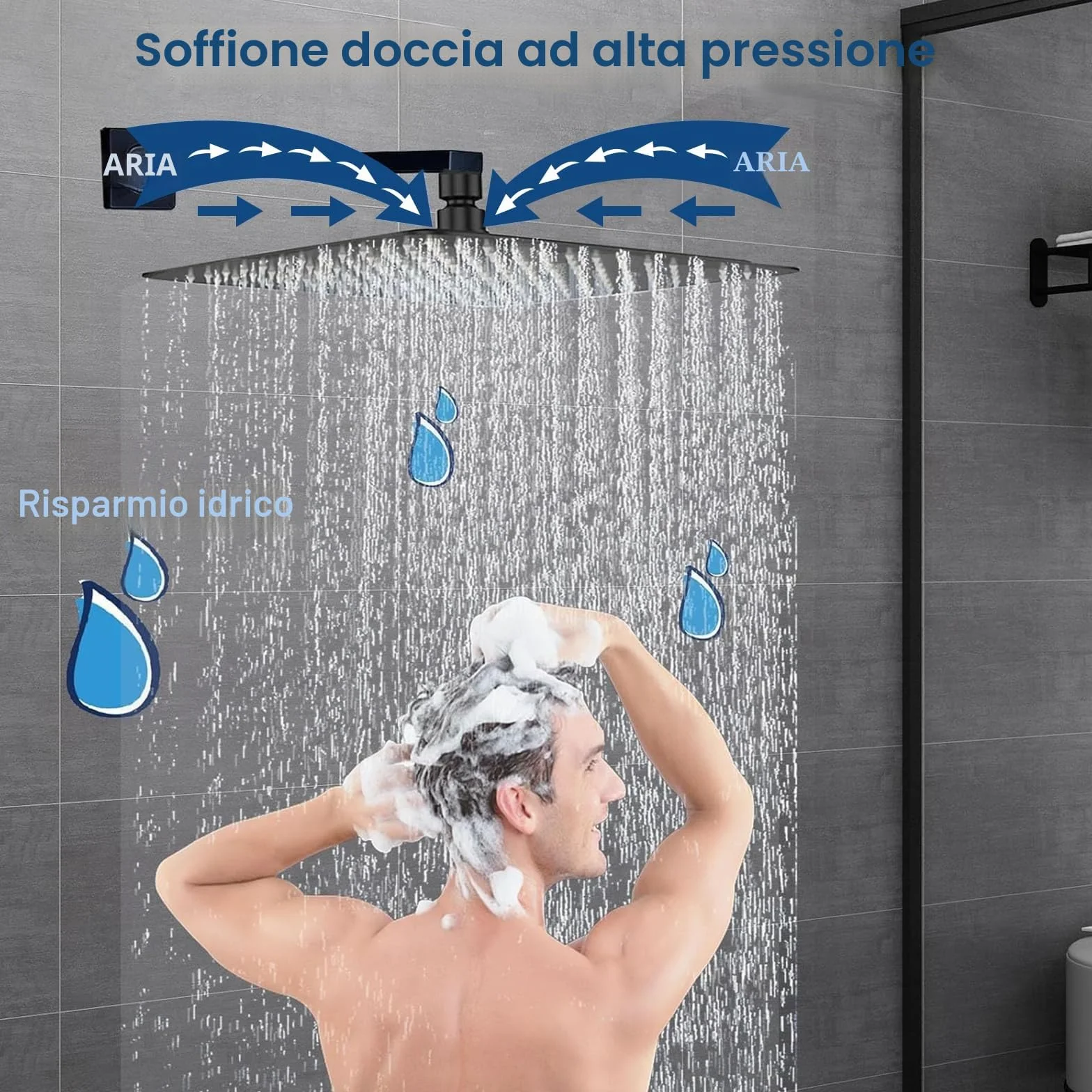 Soffione doccia a pioggia 12 pollici quadrato acciaio inox 304 30x30 cm finitura cromata spazzolata