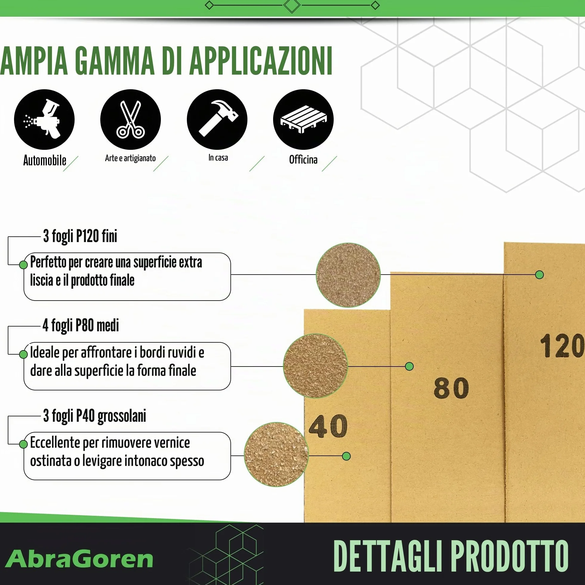 Carta vetrata assortita grana mista 10 fogli per legno e muro