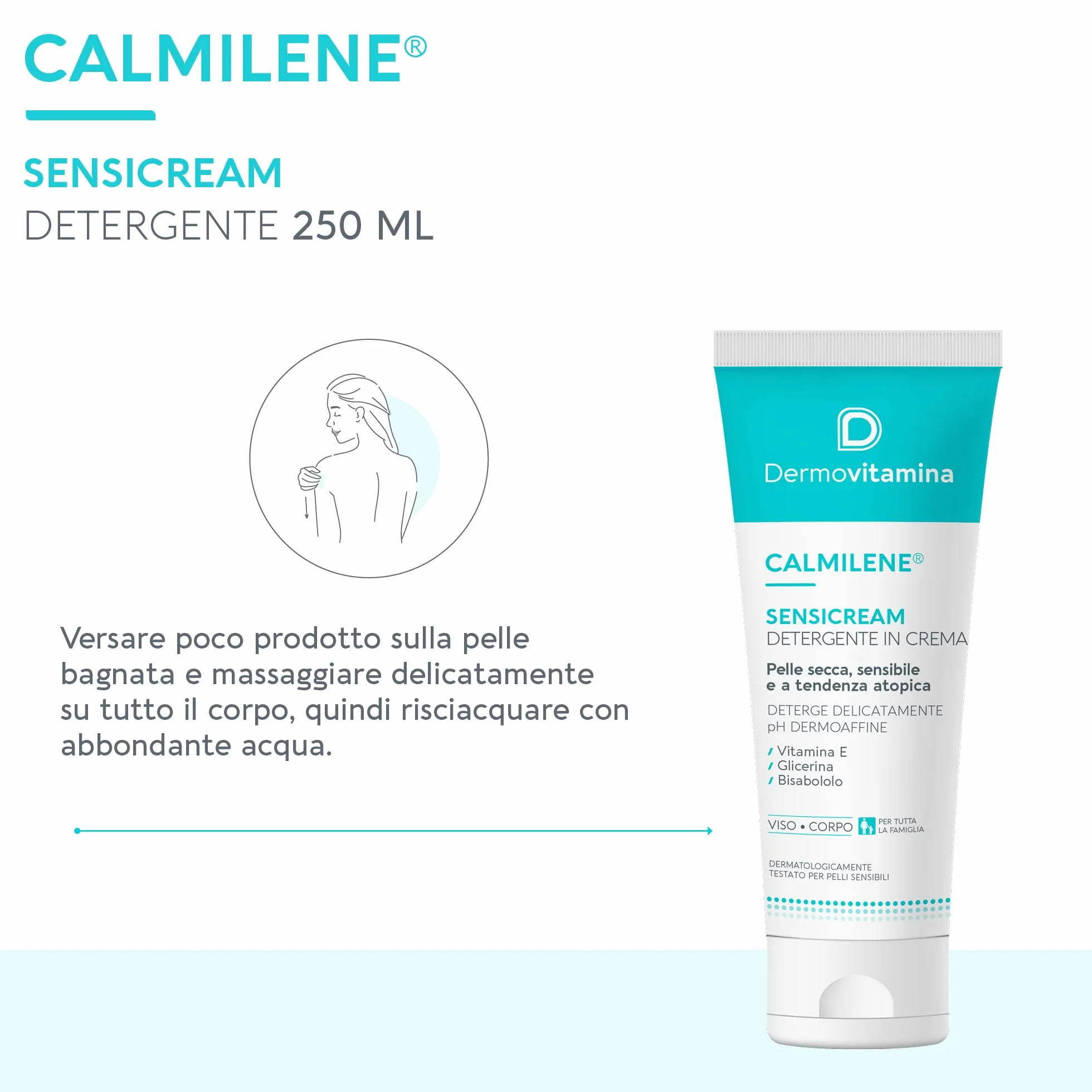 Dermovitamina Calmilene Sensicream Detergente - Detergente Viso e Corpo - Senza Sapone - Per Pelle Secca, Sensibile con Tendenza Atopica, Dermatiti, Psoriasi - Con Vitamina E e Calmilene - 250 ml