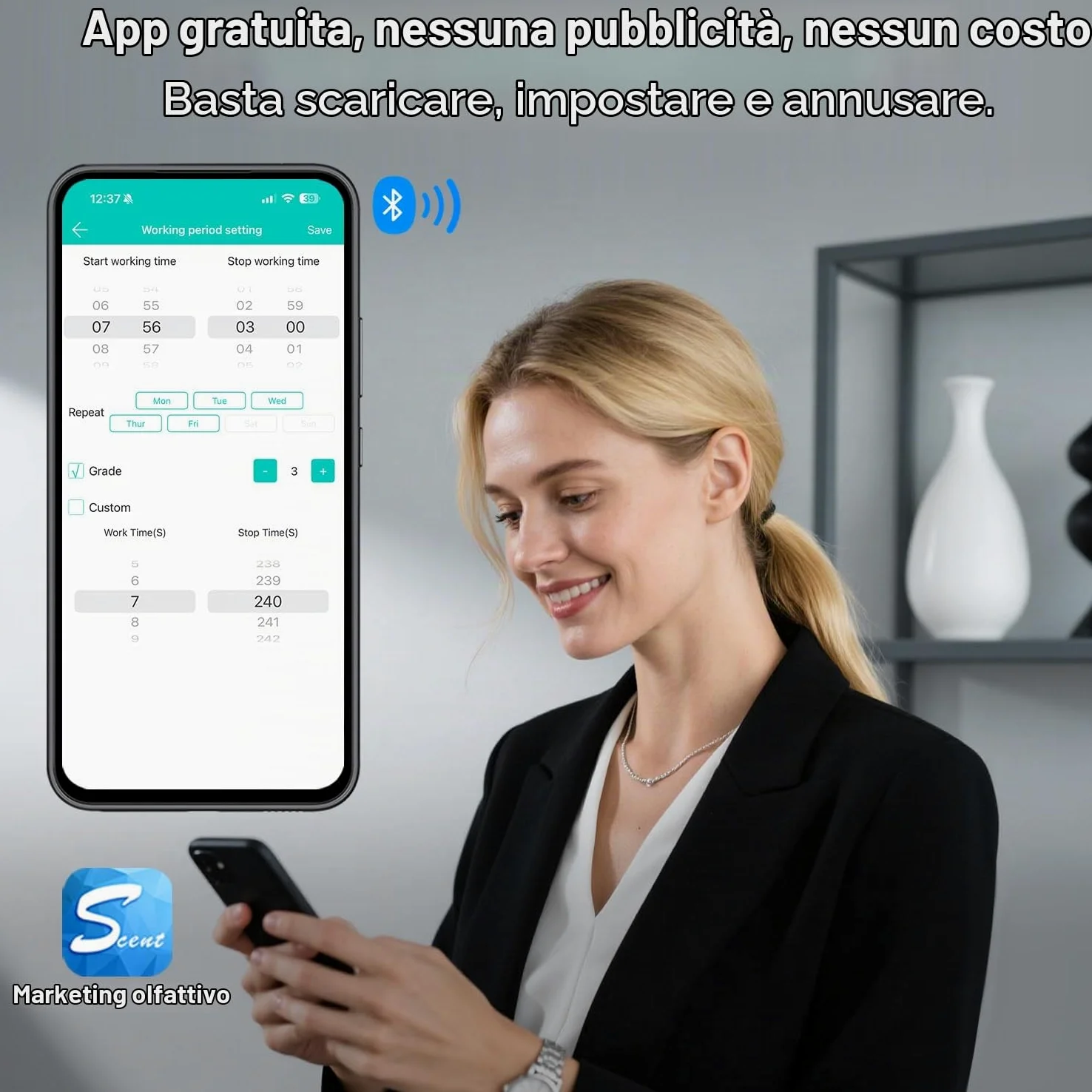 Diffusore di Oli Essenziali Senza Acqua, Controllo Intelligente Via App Bluetooth, Copertura Fino a 500 Piedi Quadrati