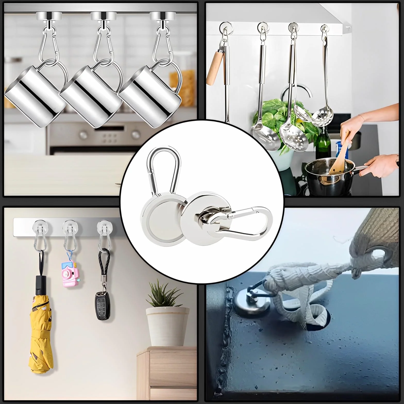 Ganci Magnetici 32mm 36kg Neodimio Ruotabili 360° con Moschettone 4 Pezzi