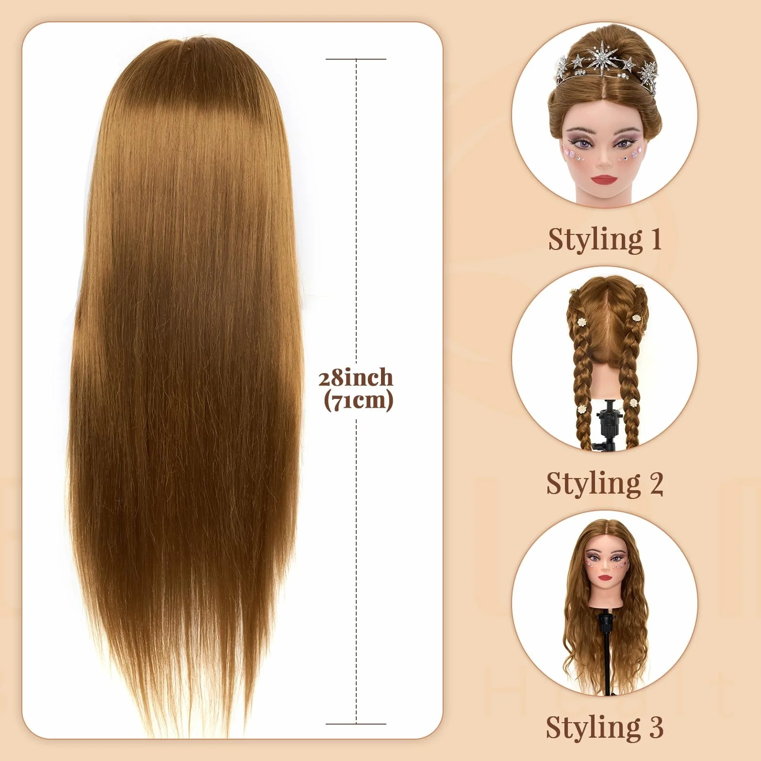 Neverland Testa per Parrucchieri, 28" 60% Capelli Veri Testa Bambola da Truccare e Pettinare Testa Manichino con Supporto Morsetto da Tavolo, Ciglia, Fai da te Capelli Styling Treccia Set