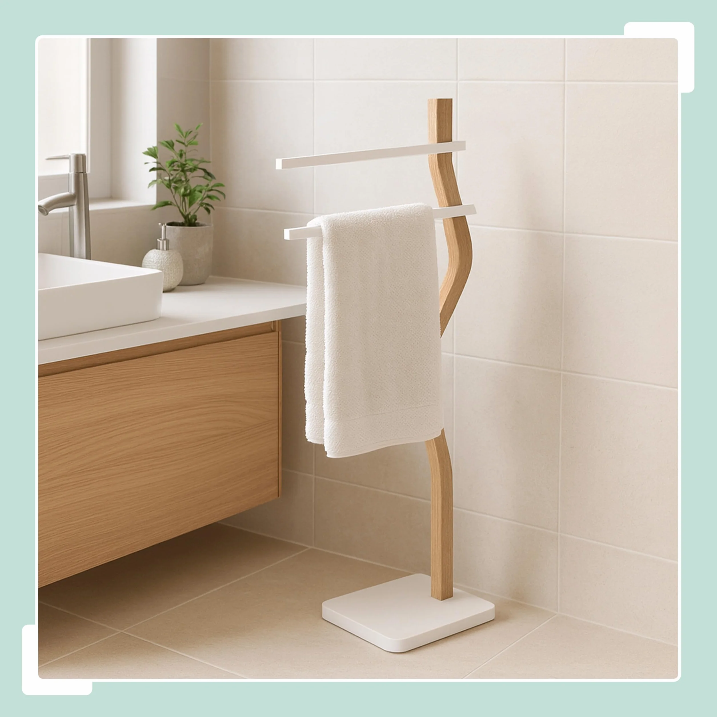 Relaxdays Portasciugamani a 2 Bracci Sfalsati Piantana da Bagno 86x37x18 cm Ferro Legno Bianco