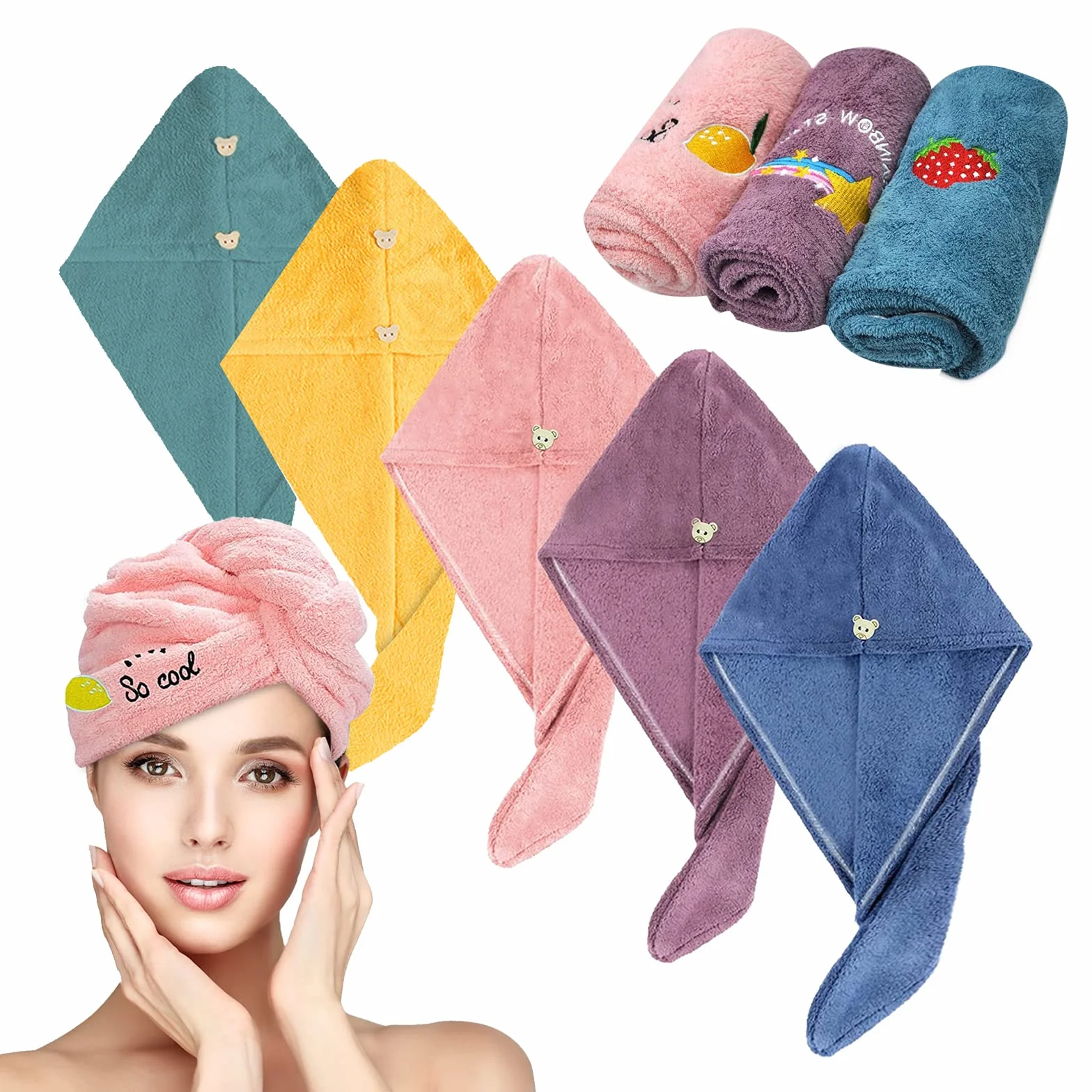 Sporgo 5 Pezzi Asciugamano a Turbante per Capelli, Asciugamano a Turbante con Bottone, Asciugamano a Turbante in Microfibra Super Assorbente ad Asciugatura Rapida per Capelli, Asciugamano per Capelli