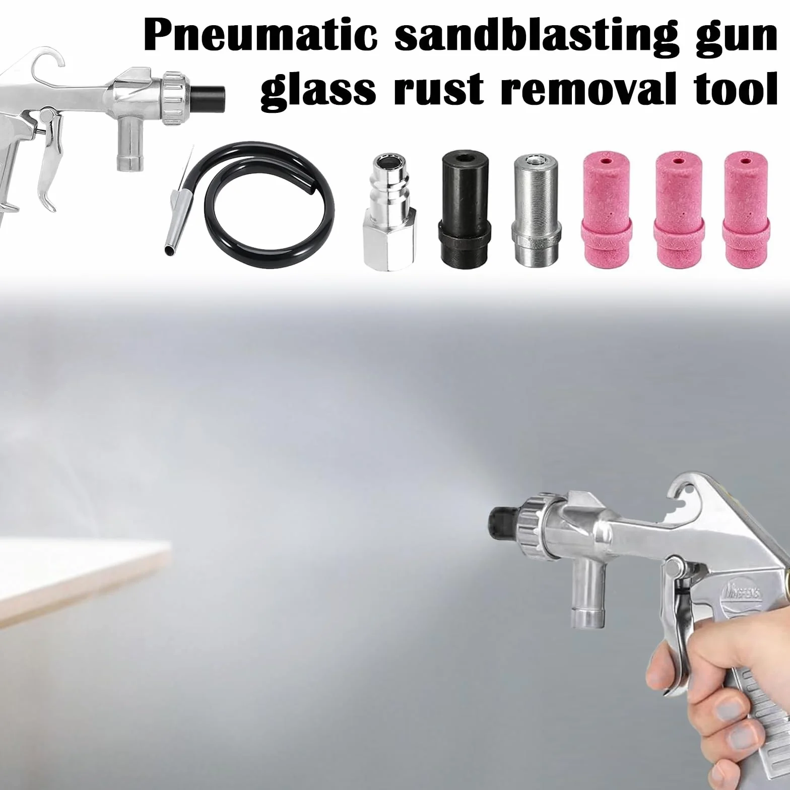 Pistola Sabbiatrice Pneumatica per Compressore con Ugelli e Tubo 1M Gomma Kit