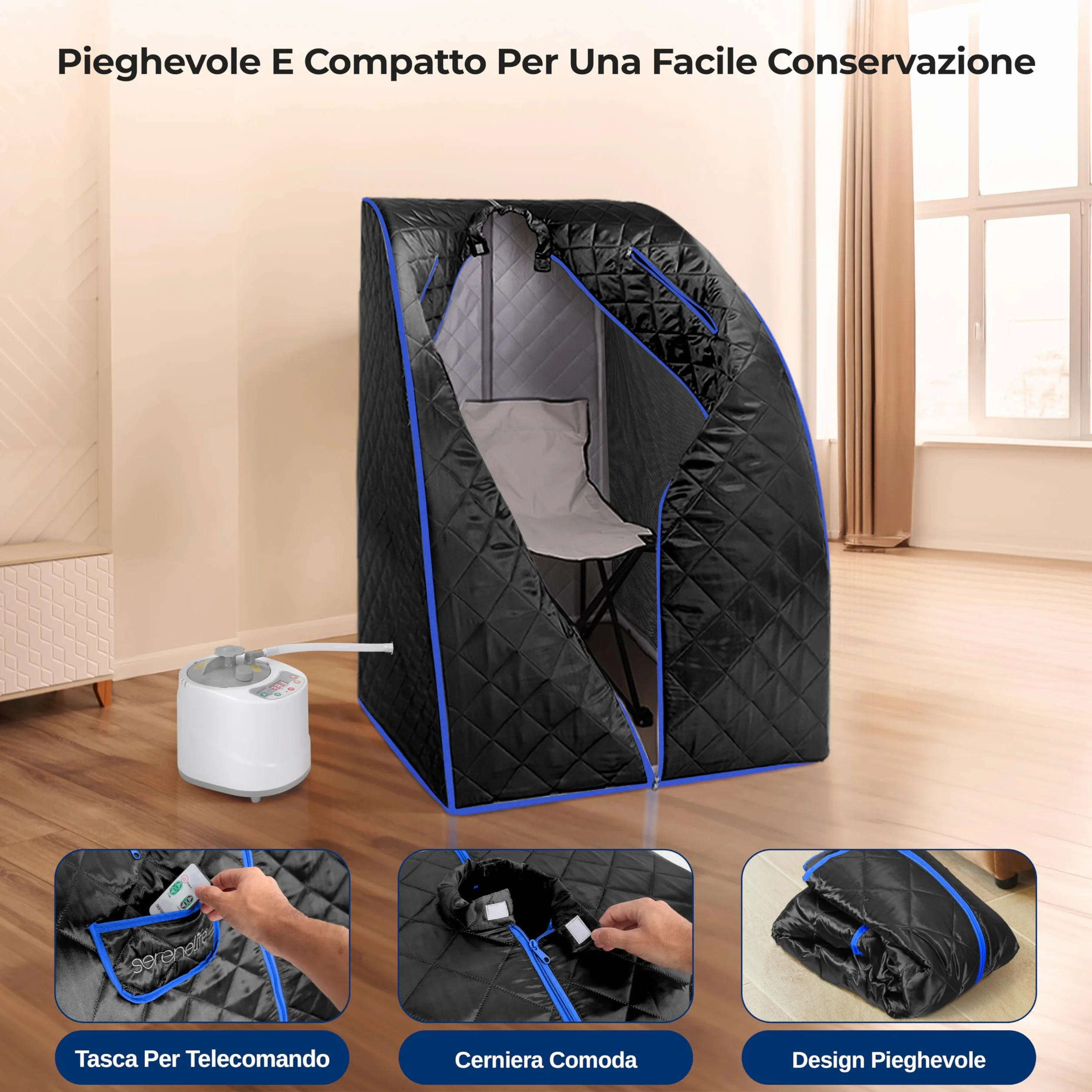SereneLife Sauna a Vapore Portatile con Telecomando e Sedia Pieghevole per Una Persona, Nero