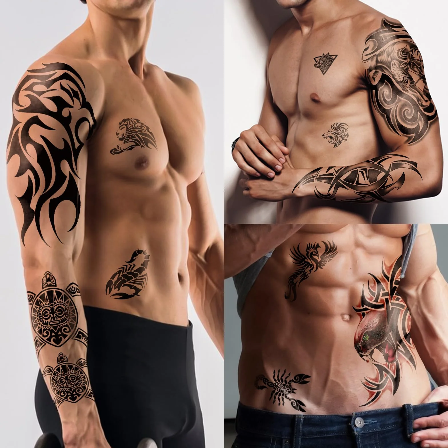 77 Fogli Tatuaggi Temporanei, 17 Fogli Tatuaggi Finti per il Corpo a Mezzo Braccio Tribali Leone Gufo Lupo Tartaruga per Adulti Uomini Donne, 60 Fogli Piccoli Tatuaggi per Ragazzi Ragazze Feste