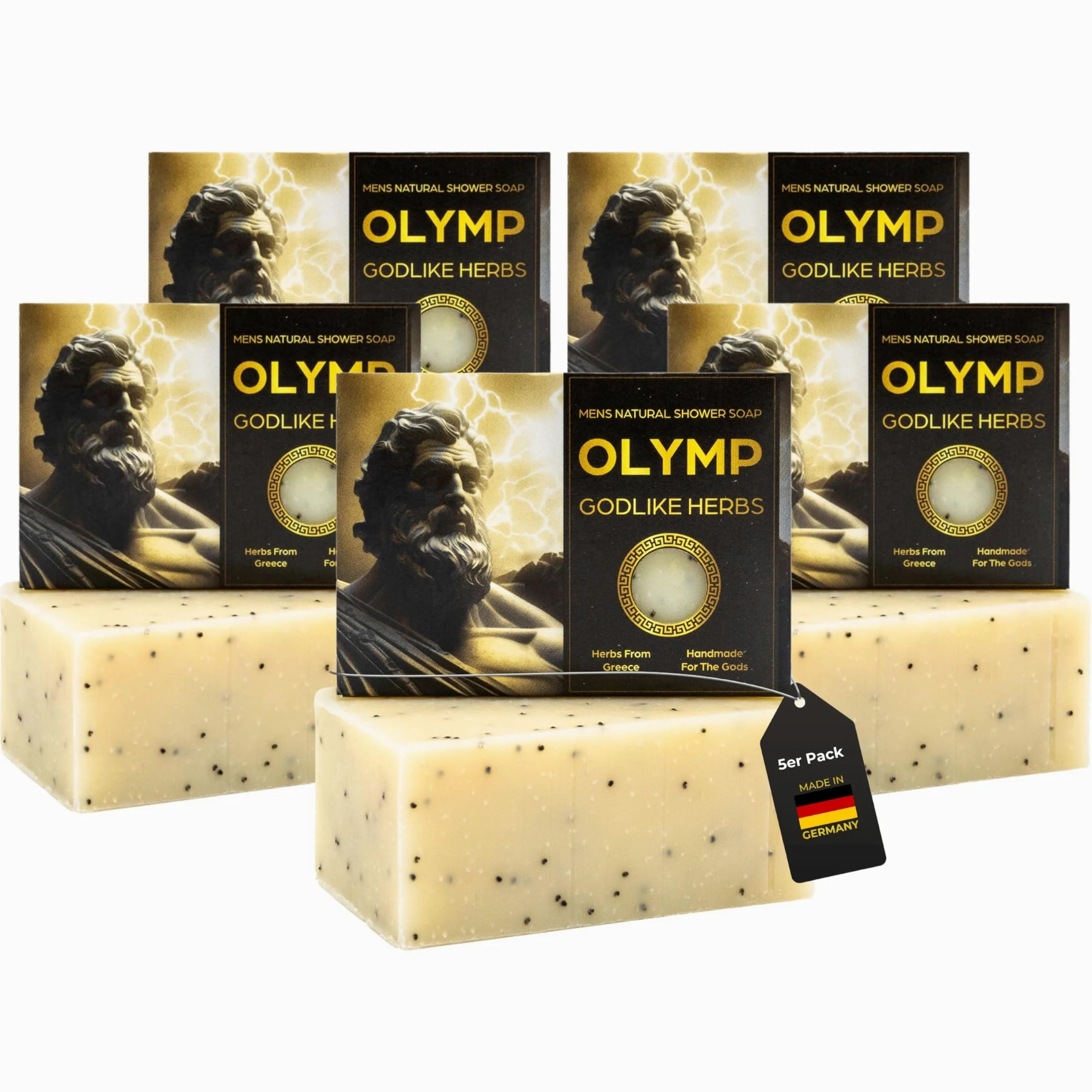 MEDUNA Sapone esfoliante Olymp Godlike 5 x 100 g – sapone naturale solido – sapone per la cura del sapone – sapone per il corpo per tutti i tipi di pelle – olio di cocco biologico & burro di karité