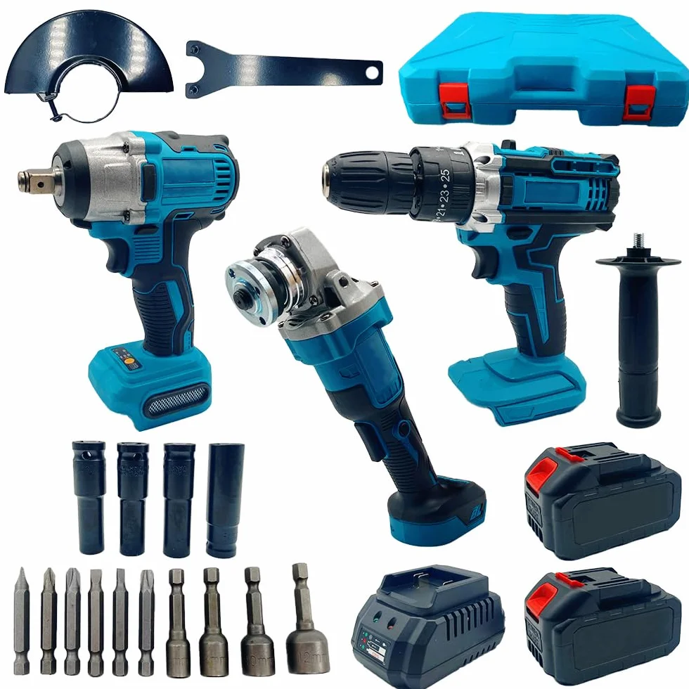 Kit Attrezzi Professionali 88V Trapano Avvitatore Smerigliatrice Angolare e Trapano a Impulsi 2 Batterie 14 Punte 3 IN 1