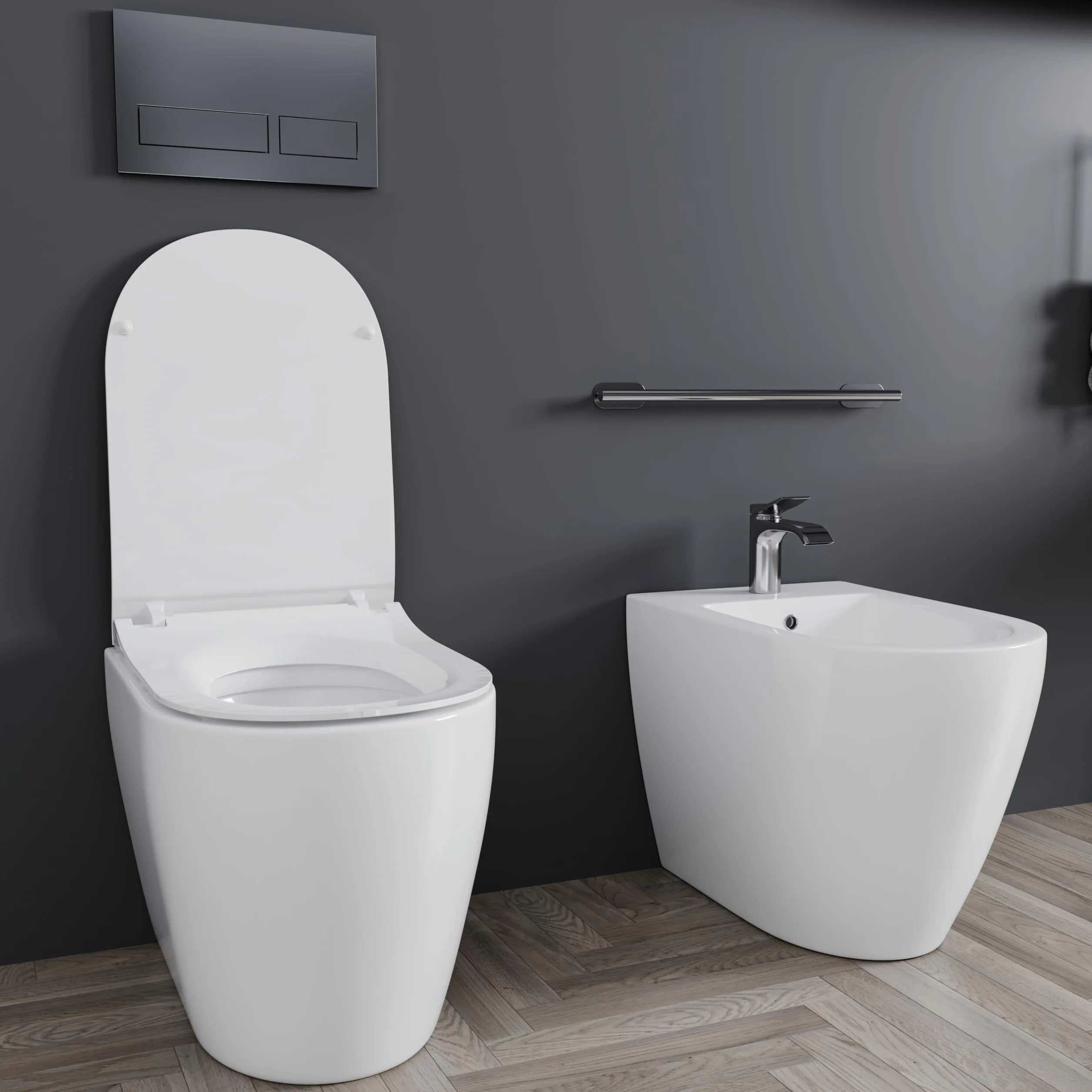 Coppia Sanitari Filomuro Vaso WC Bidet Design Moderno Ceramica Soft Close Bianco Lucido