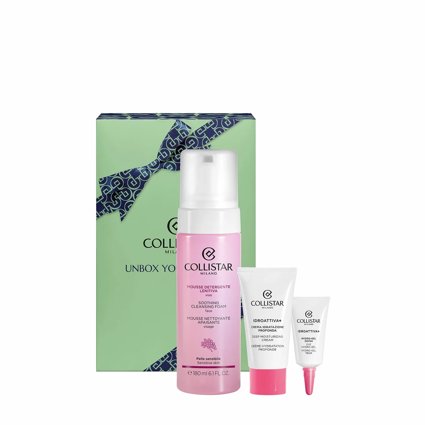 Collistar Cofanetto Regalo Donna Viso Idroattiva+ con Mousse Detergente Lenitiva 180ml + Crema Idratazione Profonda 25ml + Hydro-Gel Occhi 5ml – Idratante, Lenitivo, Naturale