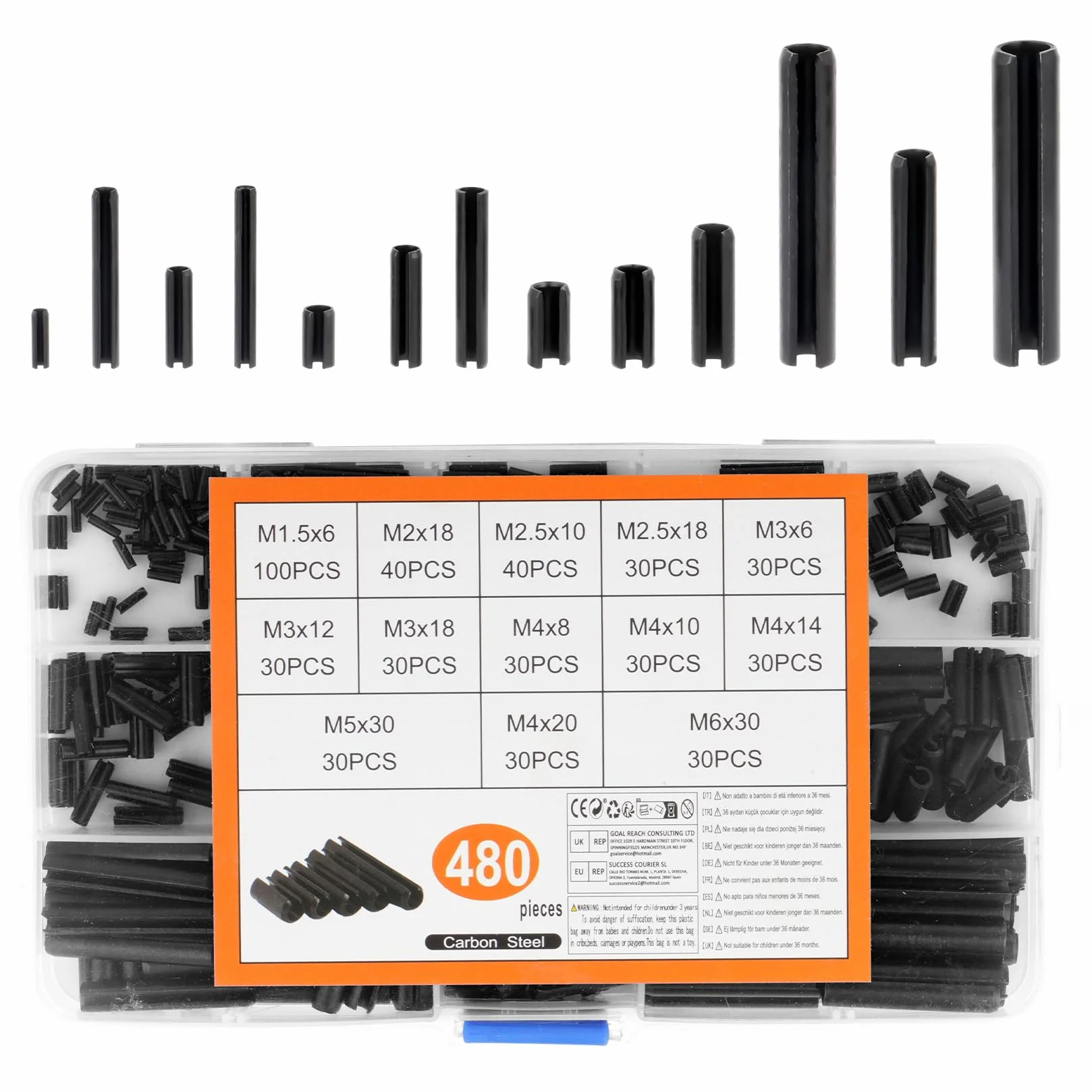Spine Elastiche Perno di Tensione a Molla Diviso con Intaglio Perni a Rullo di Bloccaggio Split Scanalati Goupille di Sicurezza M1.5-M6 480 Pz