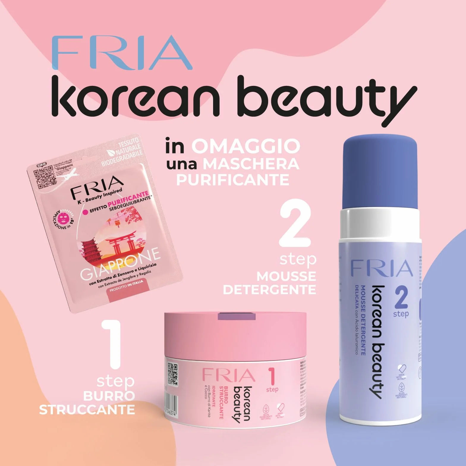 Fria Korean Beauty Kit Doppia Detersione, Burro Struccante Idratante Korean Beauty + Mousse Detergente Delicata Korean Beauty + Maschera Viso Purificante Fria Giappone in Omaggio