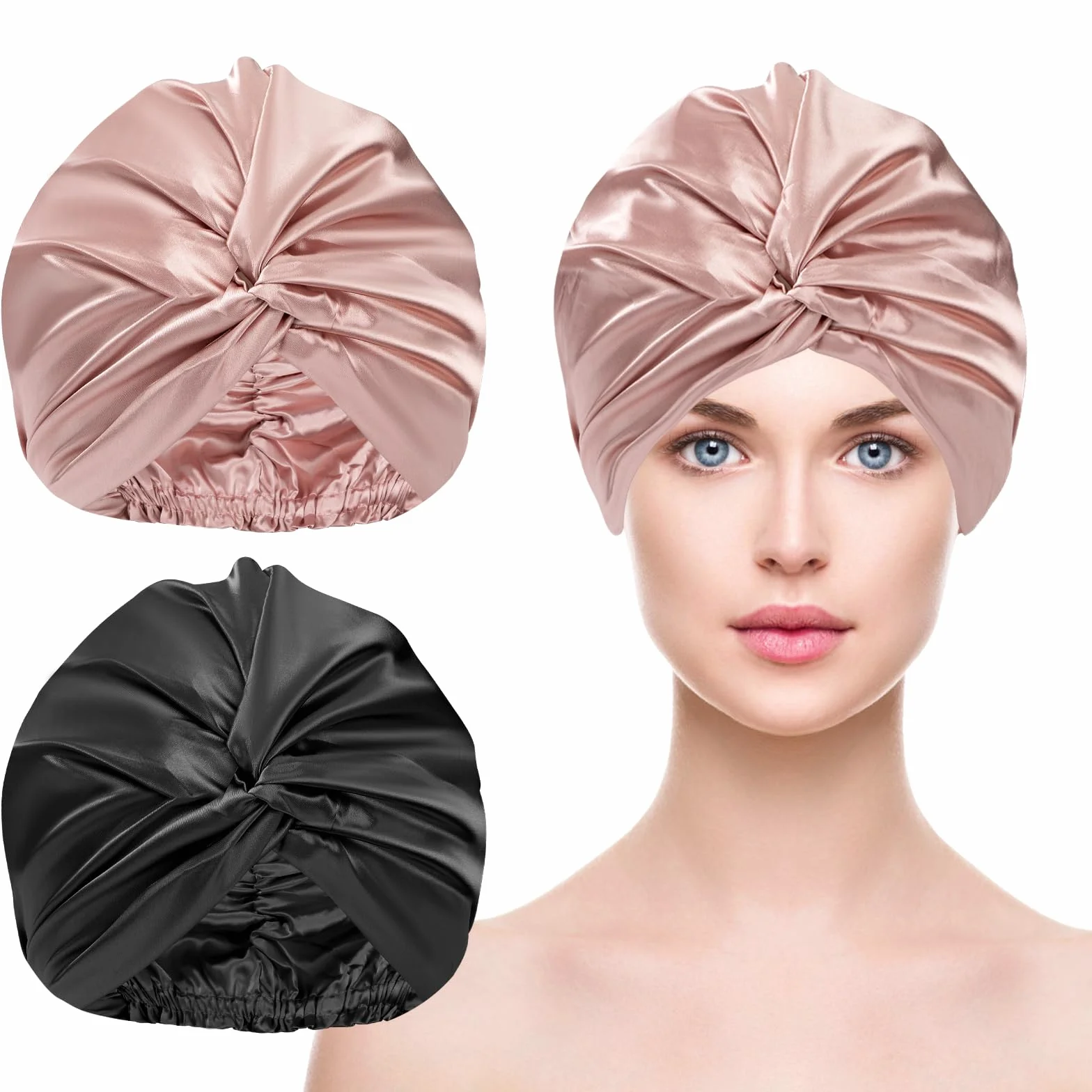 Cappello da Notte in Raso Cuffia da Donne con Fascia Elastica Berretto di Satinato 2 Pezzi Nero Champagne per Dormire