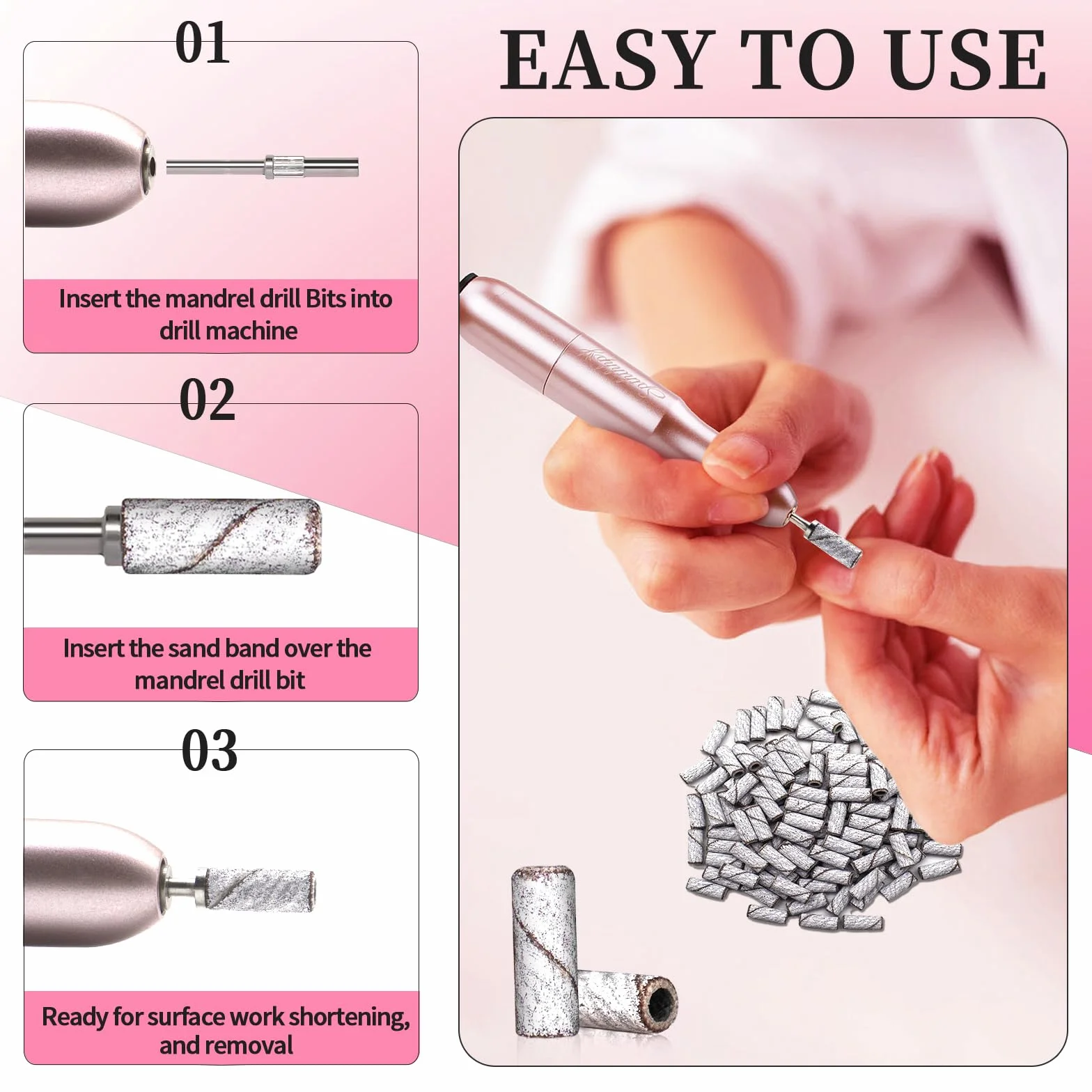 Pezzi 100 Piccole Bande Abrasive per Unghie Grana 240 - Estremamente Fine Con Punta Mandrino 3,1mm per Manicure e Pedicure
