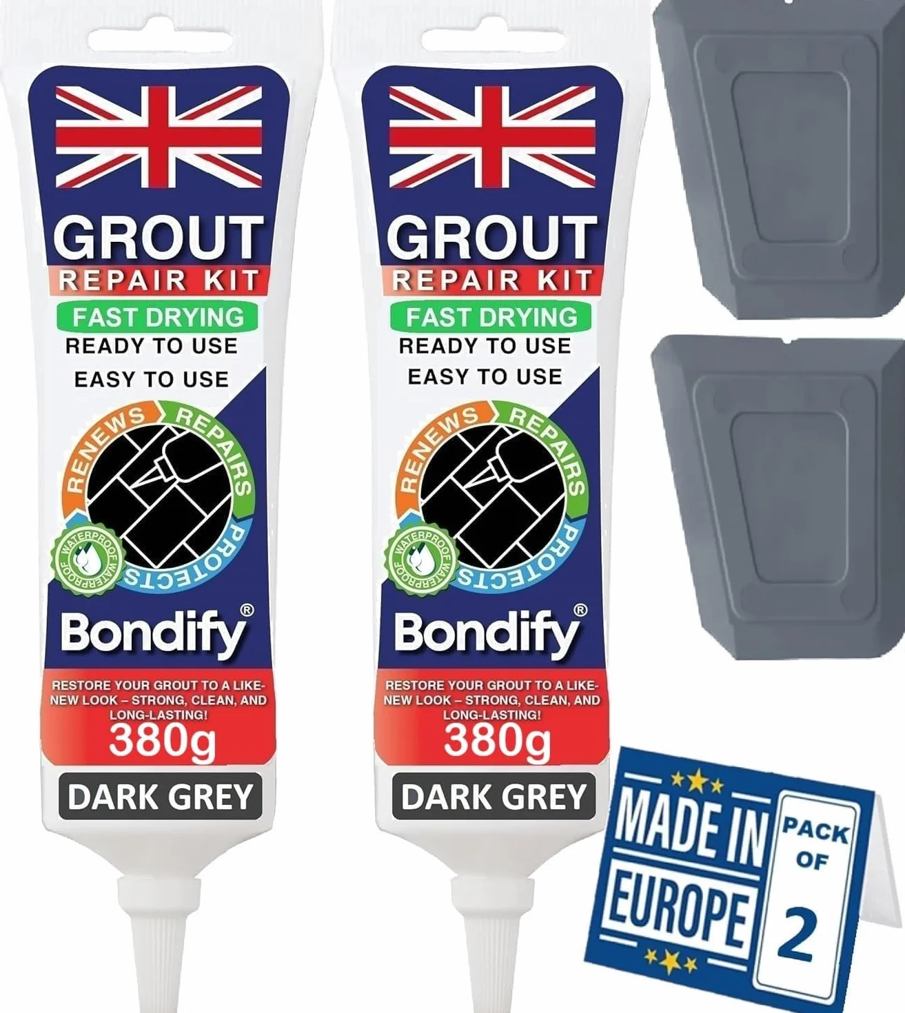 Kit Riparazione Fughe Piastrelle Grigio Scuro, Asciugatura Rapida 380g x 2 ANTI-MUFFA Stucco per Piastrelle Bagno, Doccia