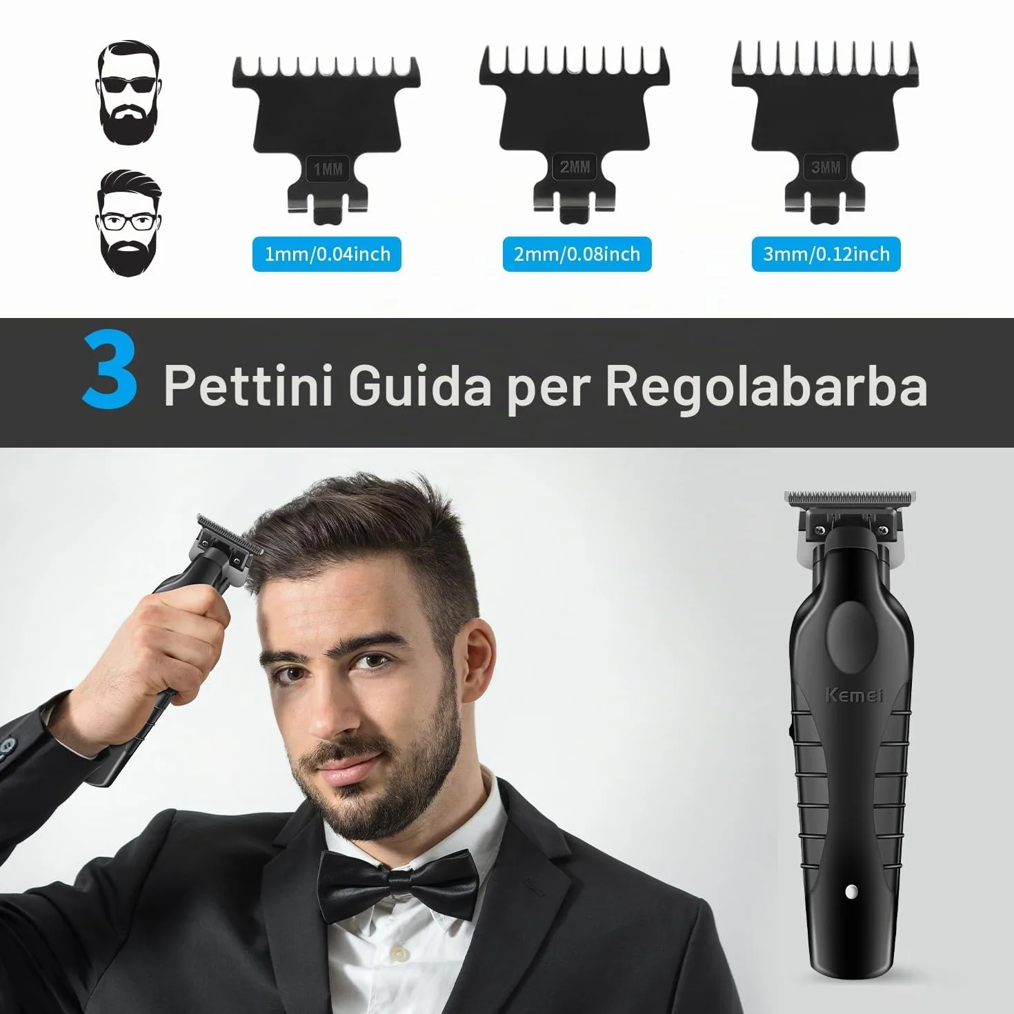 KEMEI 2299 Trimmer, Tagliacapelli Uomo Professionale, Macchinetta per Capelli Senza Fili, Regolabarba Regola Barba Elettrico Trimmer Capelli con 3 Pettini Guida