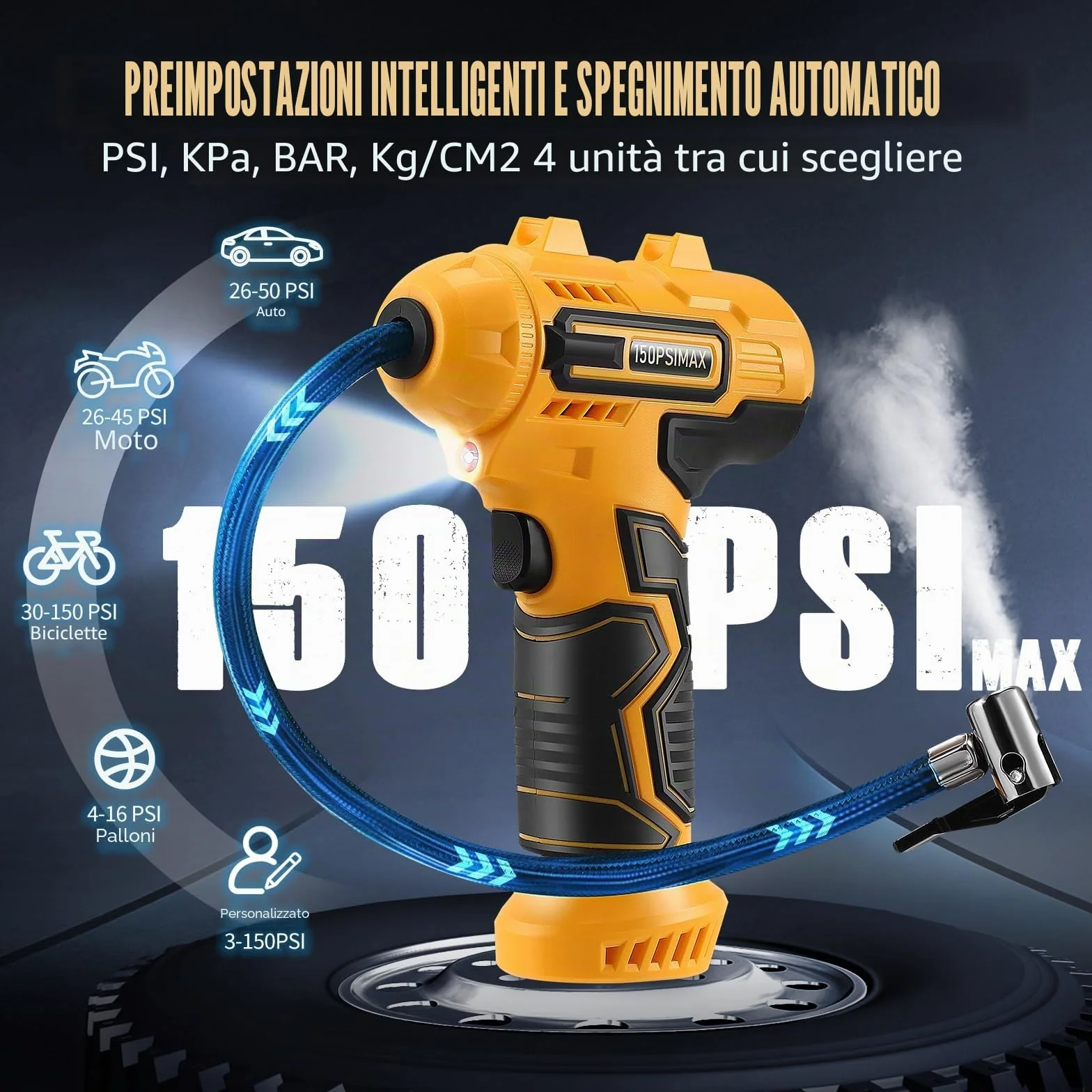 Pompa ad Aria Elettrica Compressore a Batteria per Bicicletta, Portatile, Display Digitale, Spegnimento Automatico, USB-C