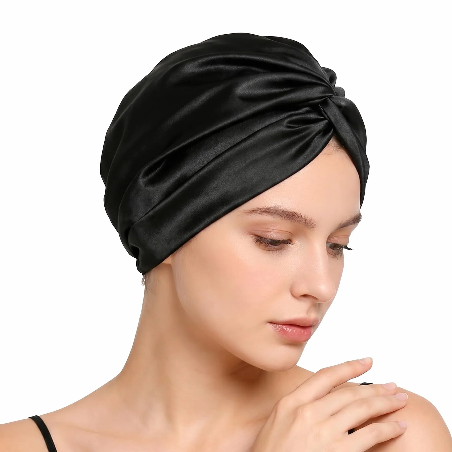 Cuffia per la Notte in Satin Nero – Cuffia in Tessuto Setoso Satinato, Traspirante, con Bordo Morbido ed Elastico, Taglia Unica, Lavabile, per Tutti i Tipi di Capelli