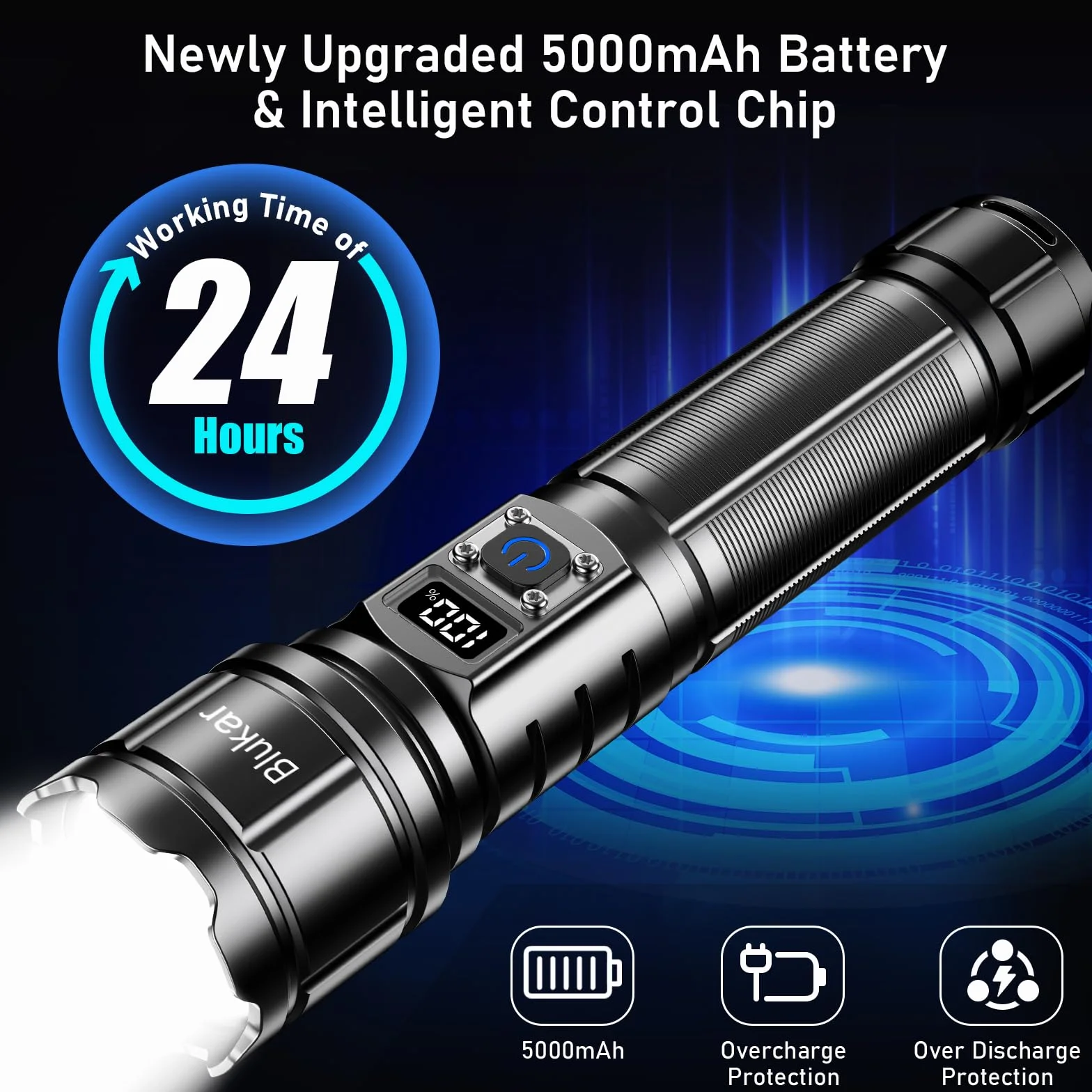 Blukar Torcia LED Professionale Ricaricabile 5 Modalità IP67 Impermeabile Zoomabile