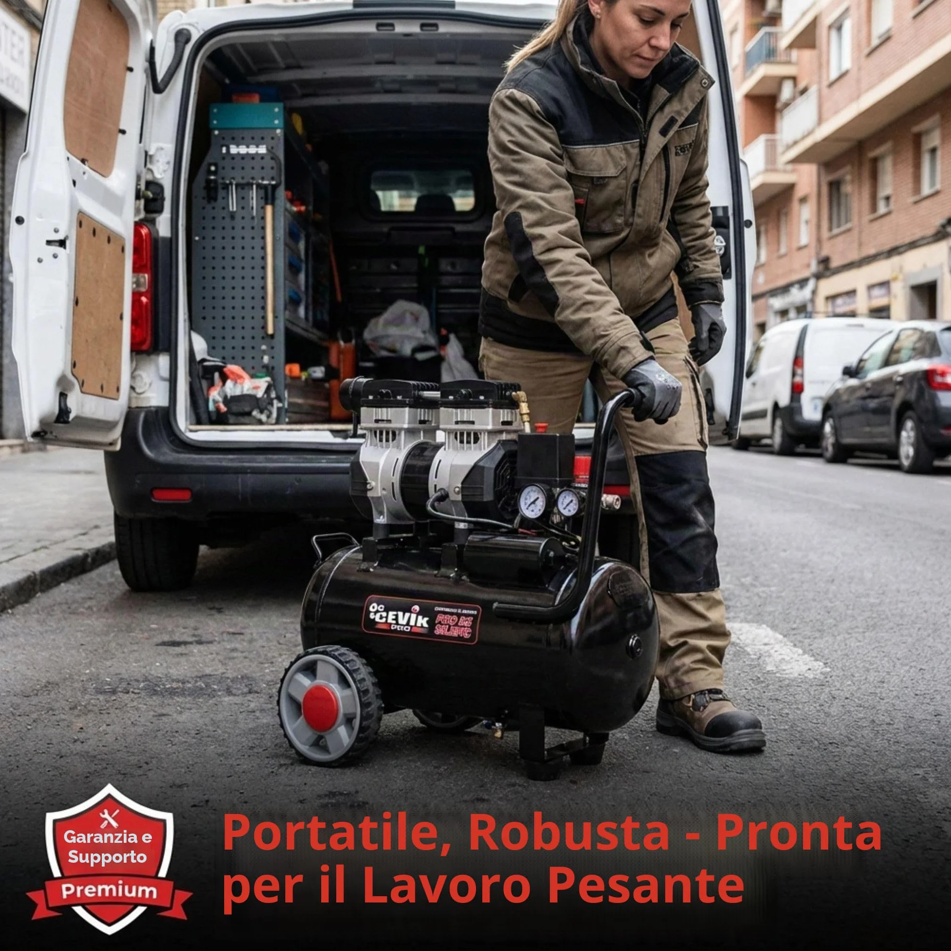 CEVIK PRO CA-PRO25SILENC Compressore Aria Silenzioso 25L 1.5HP 150 l/min 8 Bar Senza Olio Portatile Doppia Uscita