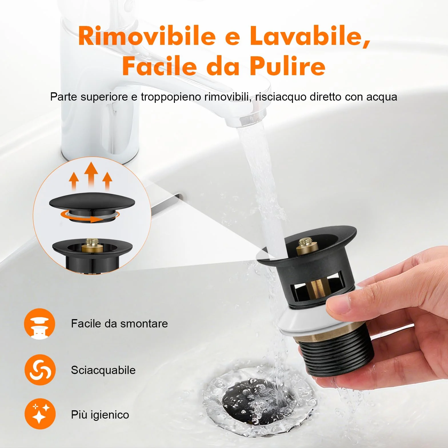 Ibergrif M20502B Tappo di scarico per bagno a scomparsa con troppopieno zincato nero coperchio grande Taglia M