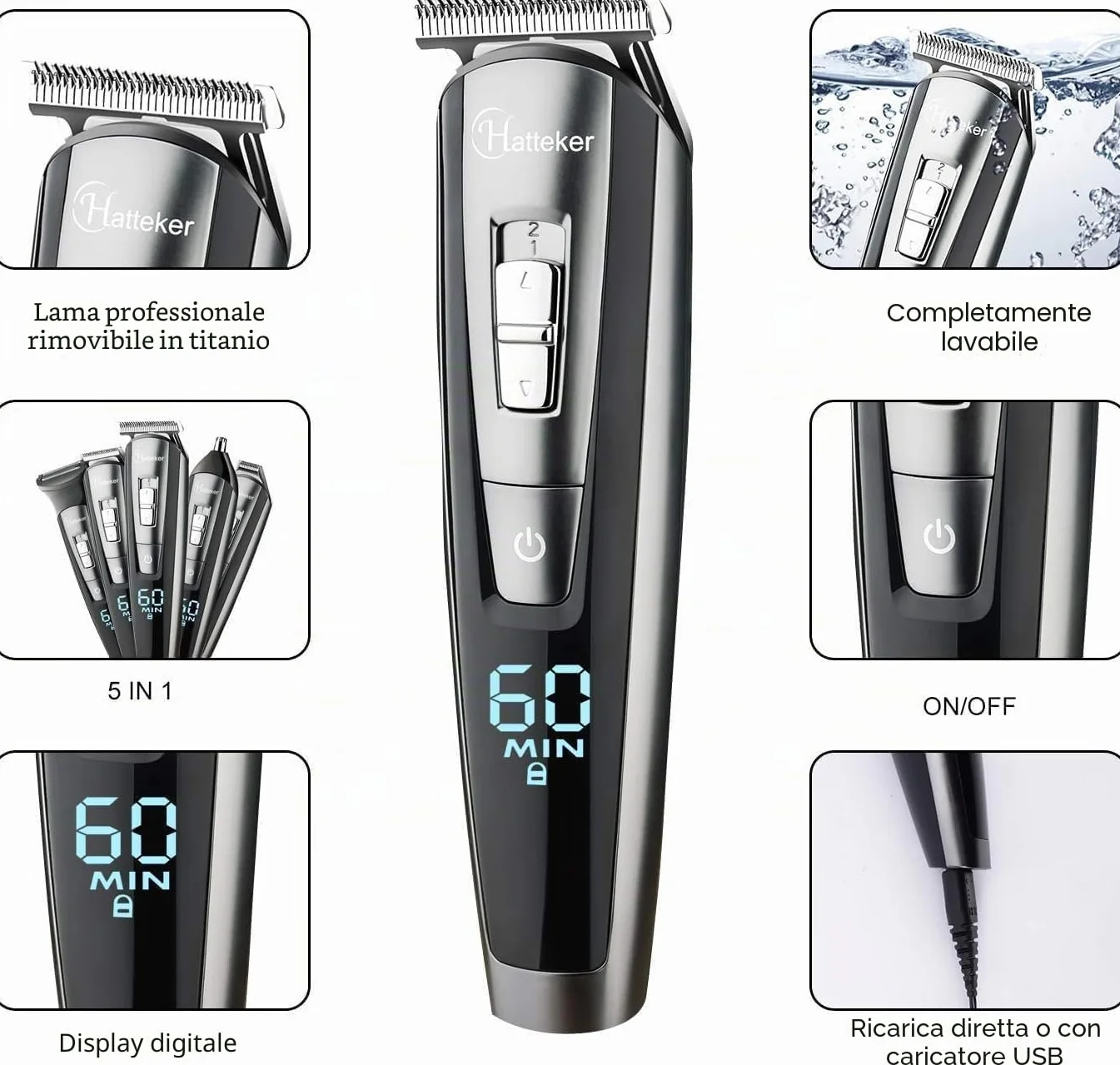 Hatteker Regolabarba Tagliacapelli Uomo Professionale Barba e Capelli e Corpo Bodygroom Regolatore per Capelli impermeabile 5 in 1