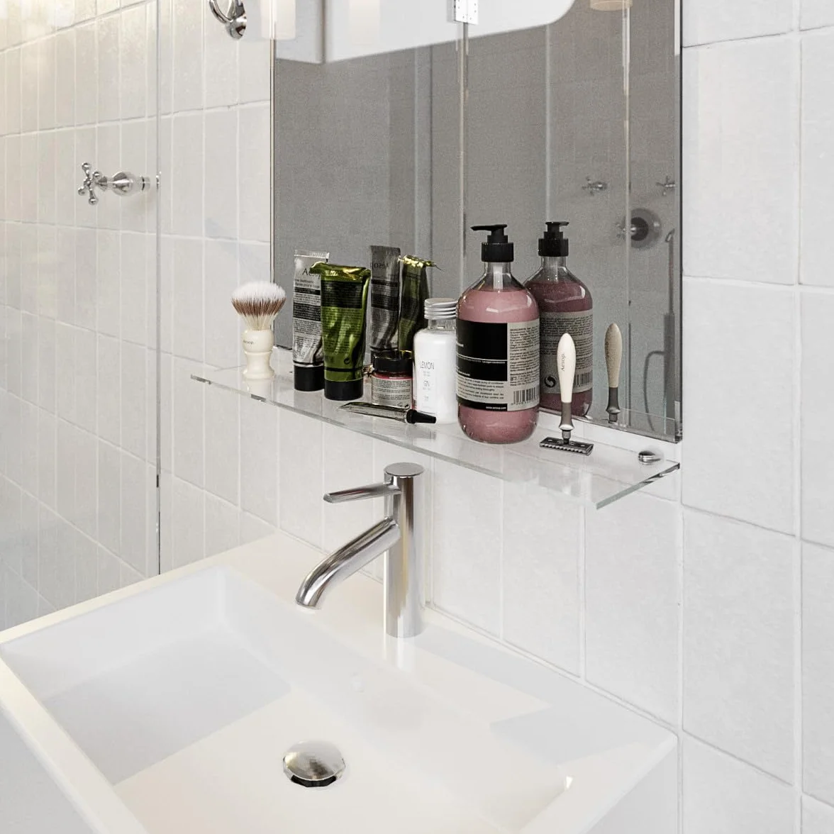 Mensola da parete in vetro ESG 6 mm 90 x 17,8 cm per bagno doccia con staffe in metallo trasparente