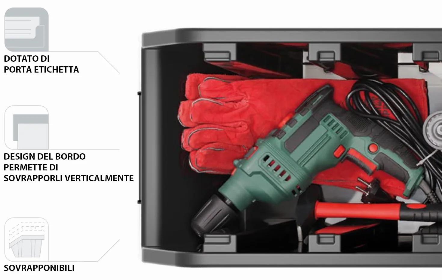 Set di 12 Contenitori a Bocca di Lupo Impilabili 8x11,5x6 cm Nero Plastica