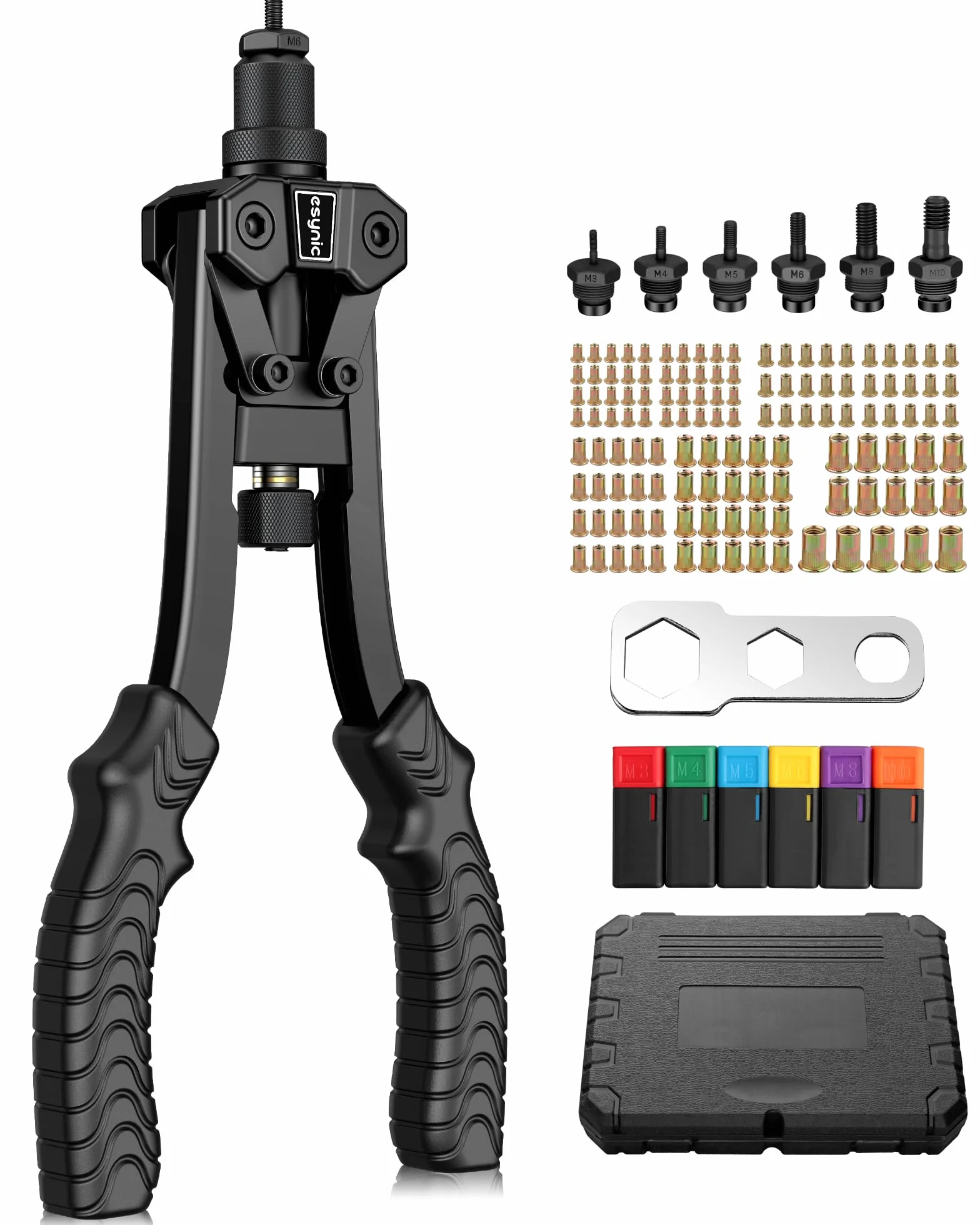 eSynic Rivettatrice Professionale 12" 125 Dadi Rivetti M3-M10 6 Mandrini Valigetta Nero