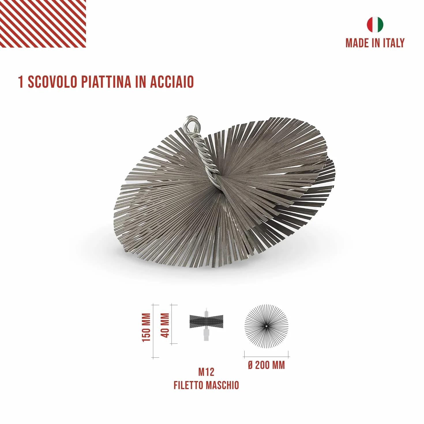 BARETTO Kit Pulizia Camino Canna Fumaria Ø 200 mm Acciaio Aste 10 m Curvatura 45° Rimozione Incrostazioni