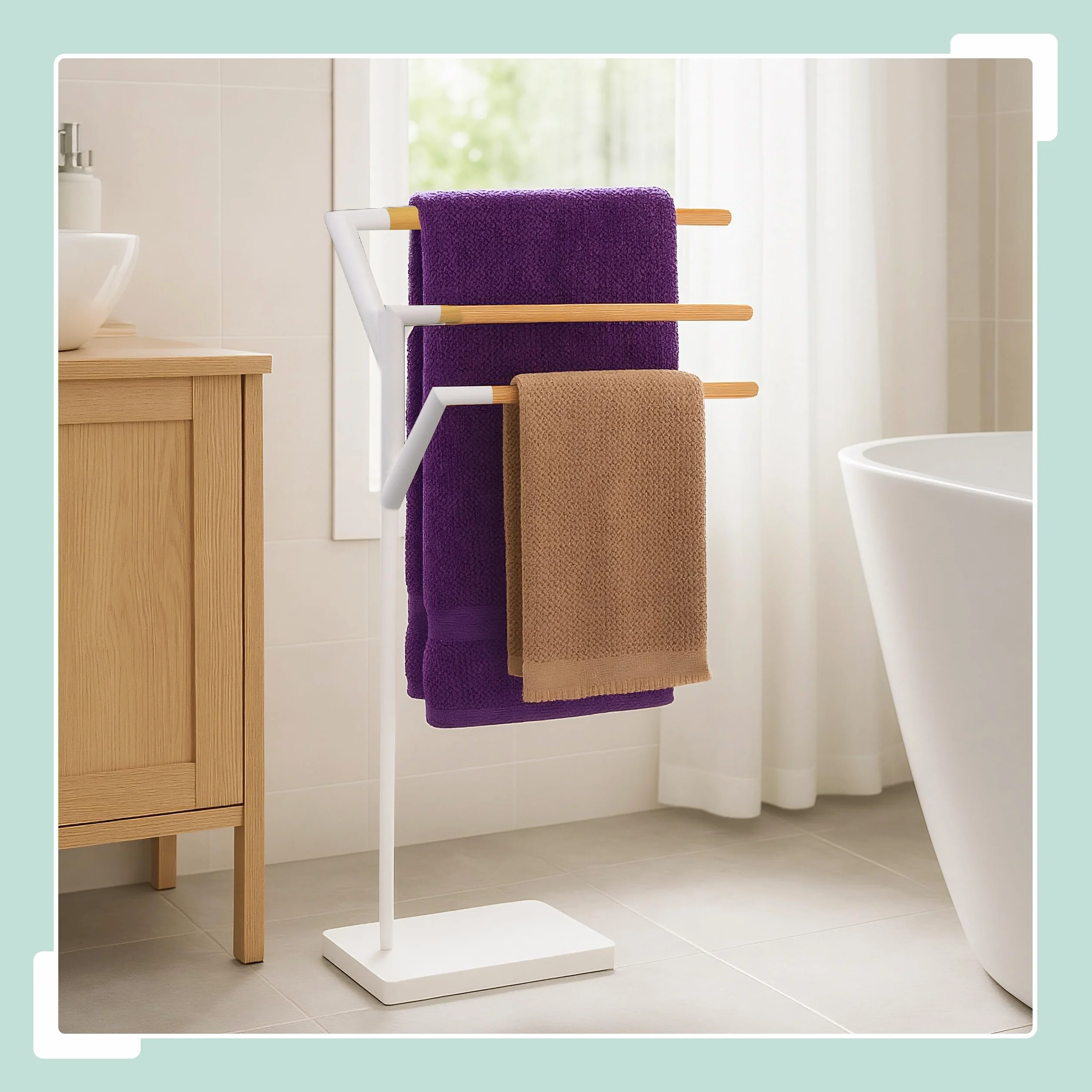 Relaxdays Portasciugamani a 3 Bracci Sfalsati Piantana da Bagno 75x38,5x18 cm Ferro Bambù Bianco