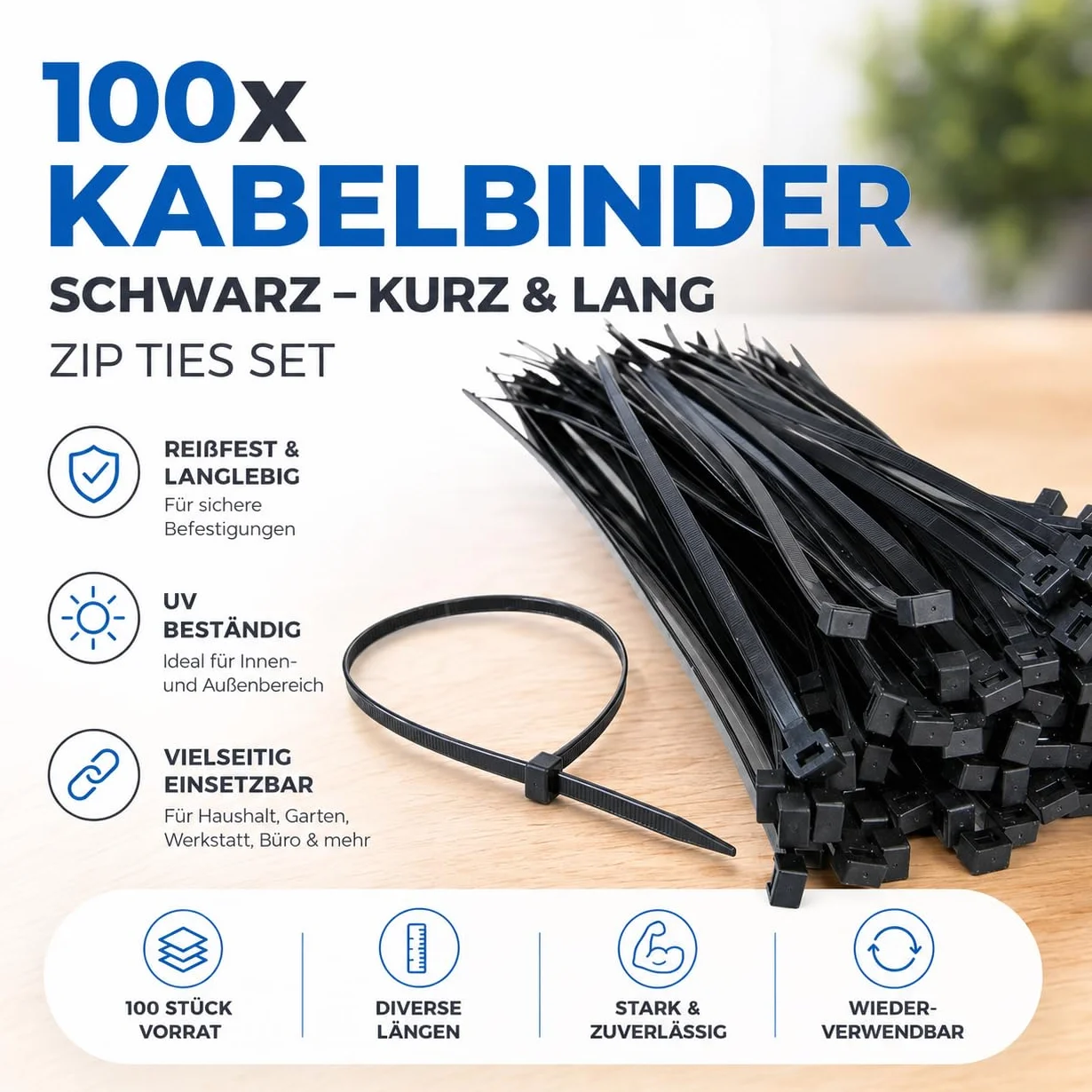Set di 100 fascette stringicavo nero resistenti agli strappi e ai raggi UV 150 mm x 3,6 mm