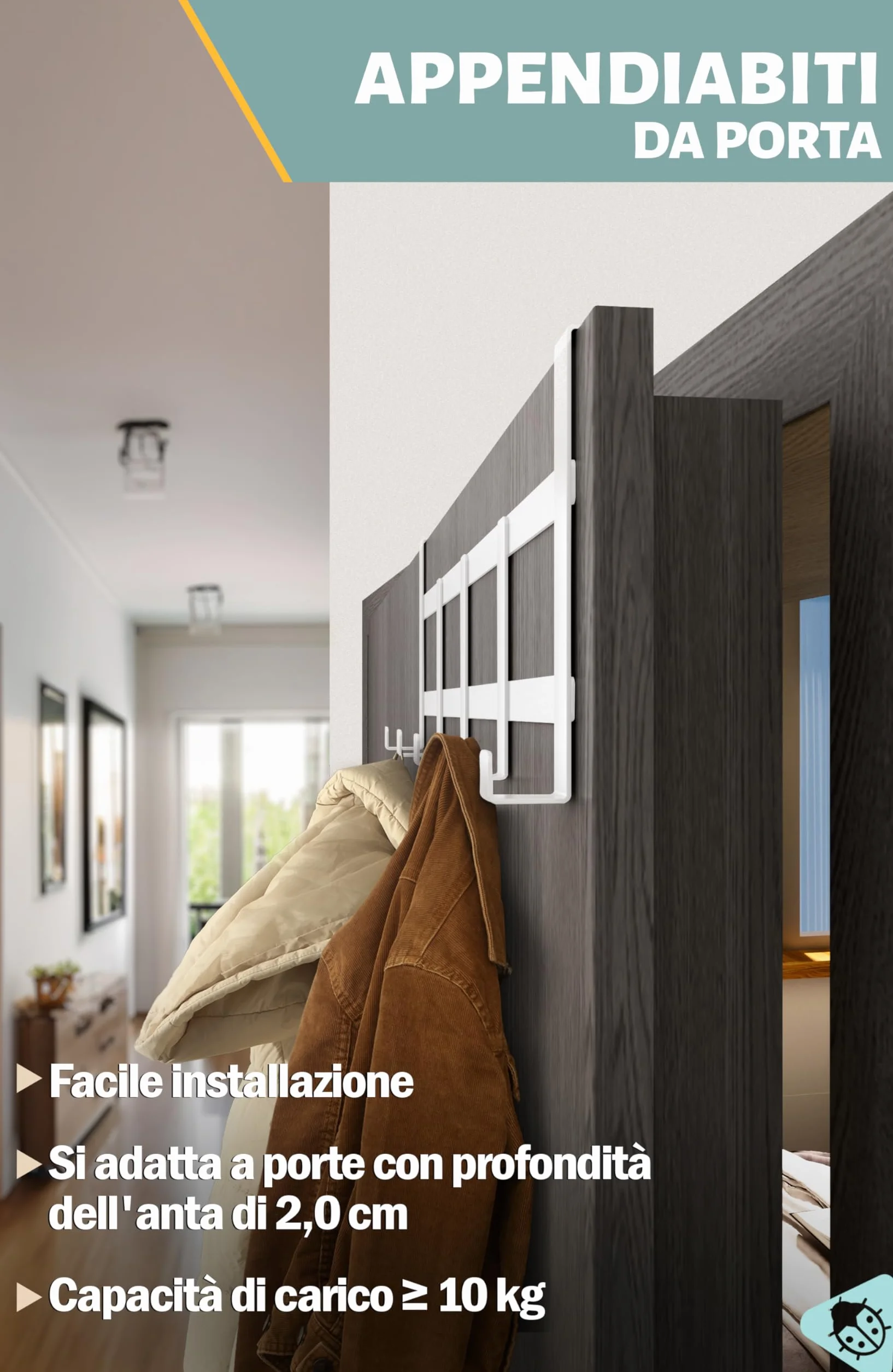 Menz Appendiabiti da Porta Inox Bianco Salvaspazio Ganci per Porte
