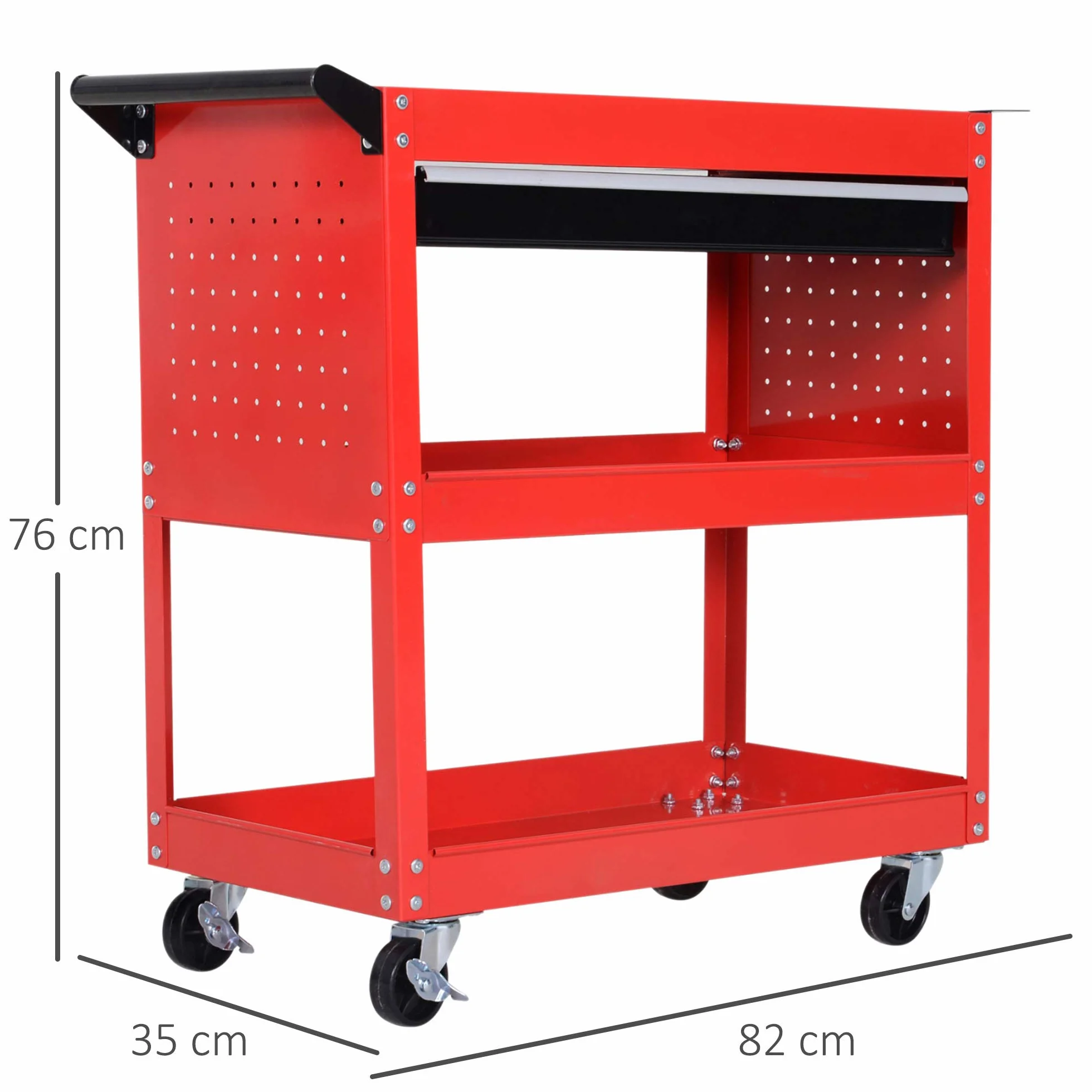 DURHAND Carrello Porta Attrezzi con Cassetto e 3 Ripiani, 4 Ruote, Lamiera di Acciaio, 82x35x76 cm, Rosso