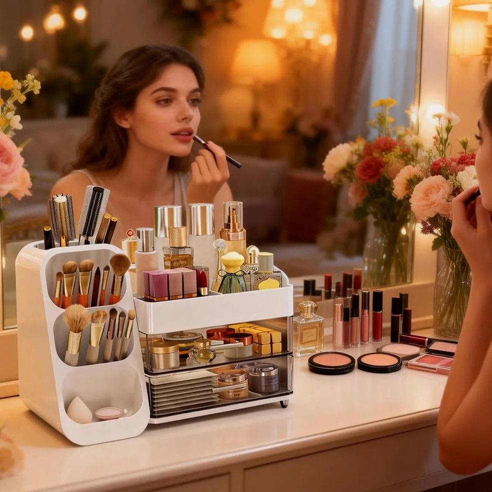 Organizer per cosmetici con 3 cassetti, grande capacità e portatile - Scatola per il trucco per scrivania, viaggio e bagno, ideale per amanti del trucco e professionisti (Bianco)