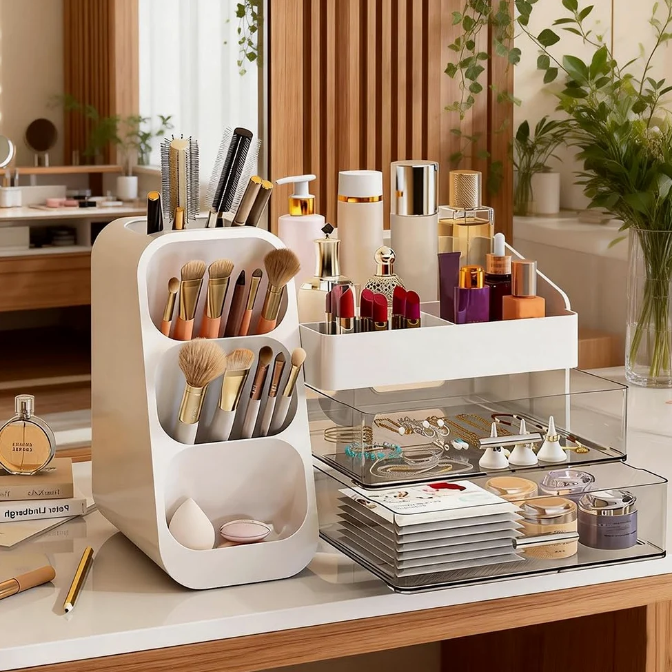 Organizer per cosmetici con 3 cassetti, grande capacità e portatile - Scatola per il trucco per scrivania, viaggio e bagno, ideale per amanti del trucco e professionisti (Bianco)