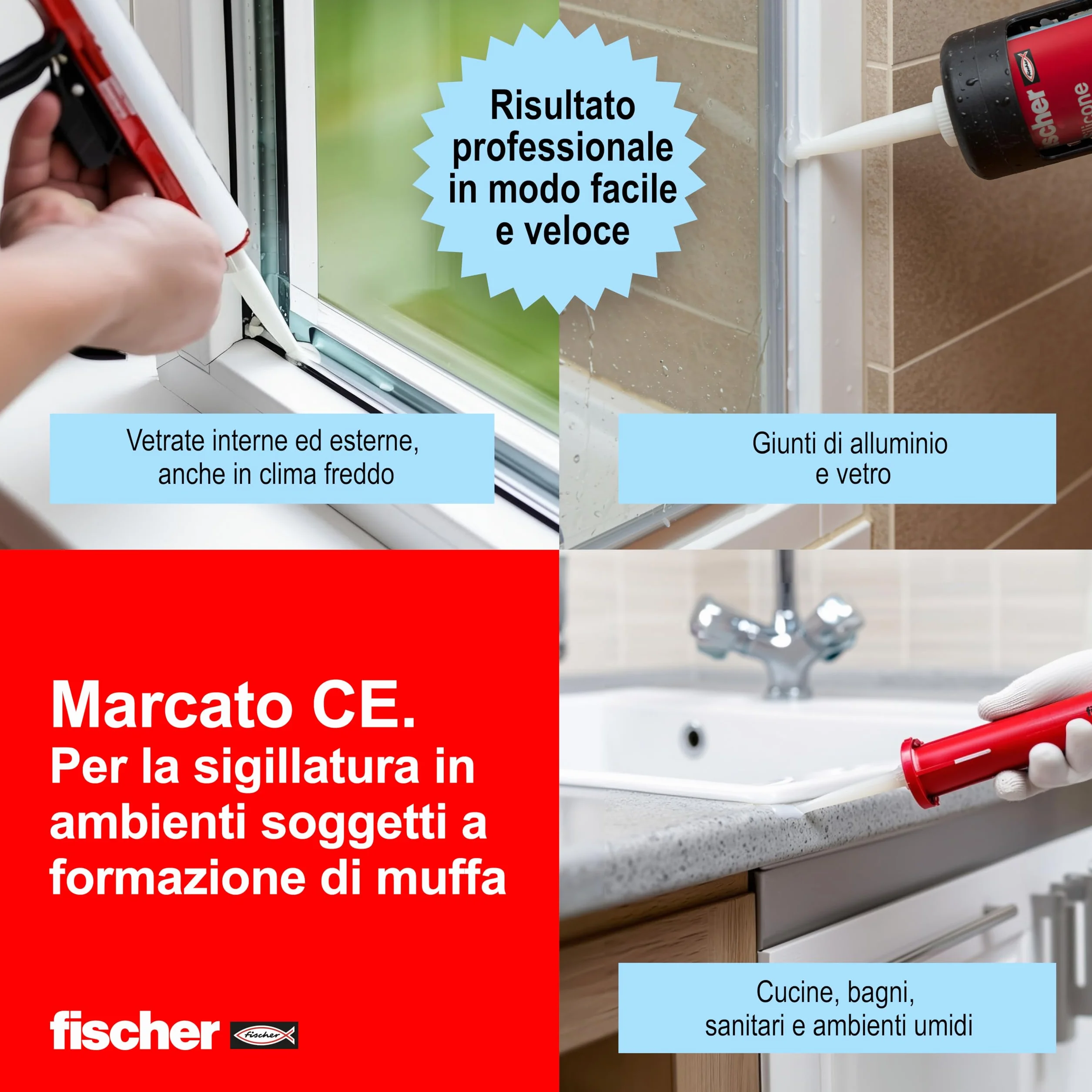 Fischer SMT Silicone Sigillante Multiuso Trasparente Antimuffa Acetico Universale Tubetto 71880