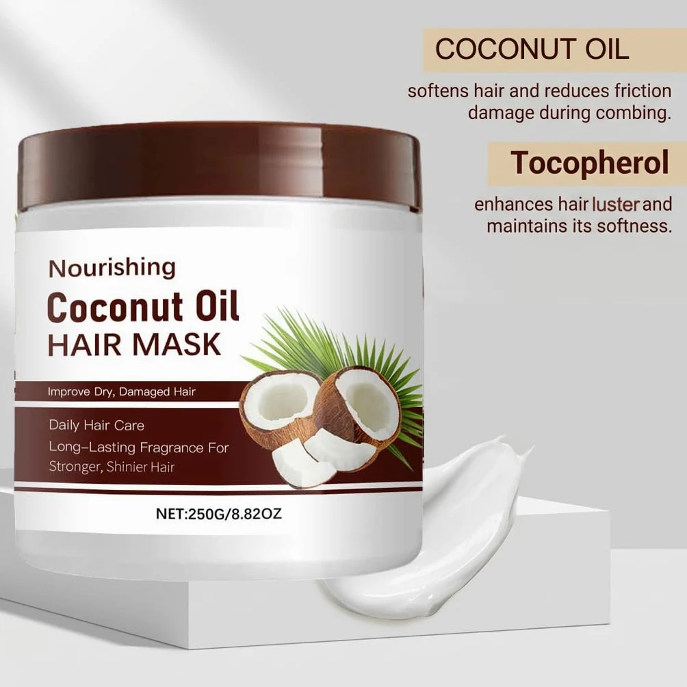 Maschera per capelli con olio di cocco per capelli danneggiati, cura profonda con vitamina E, rinforzante e idratante, nutriente, arricciante, lucida, morbida ed elastica per le donne (3 pezzi)