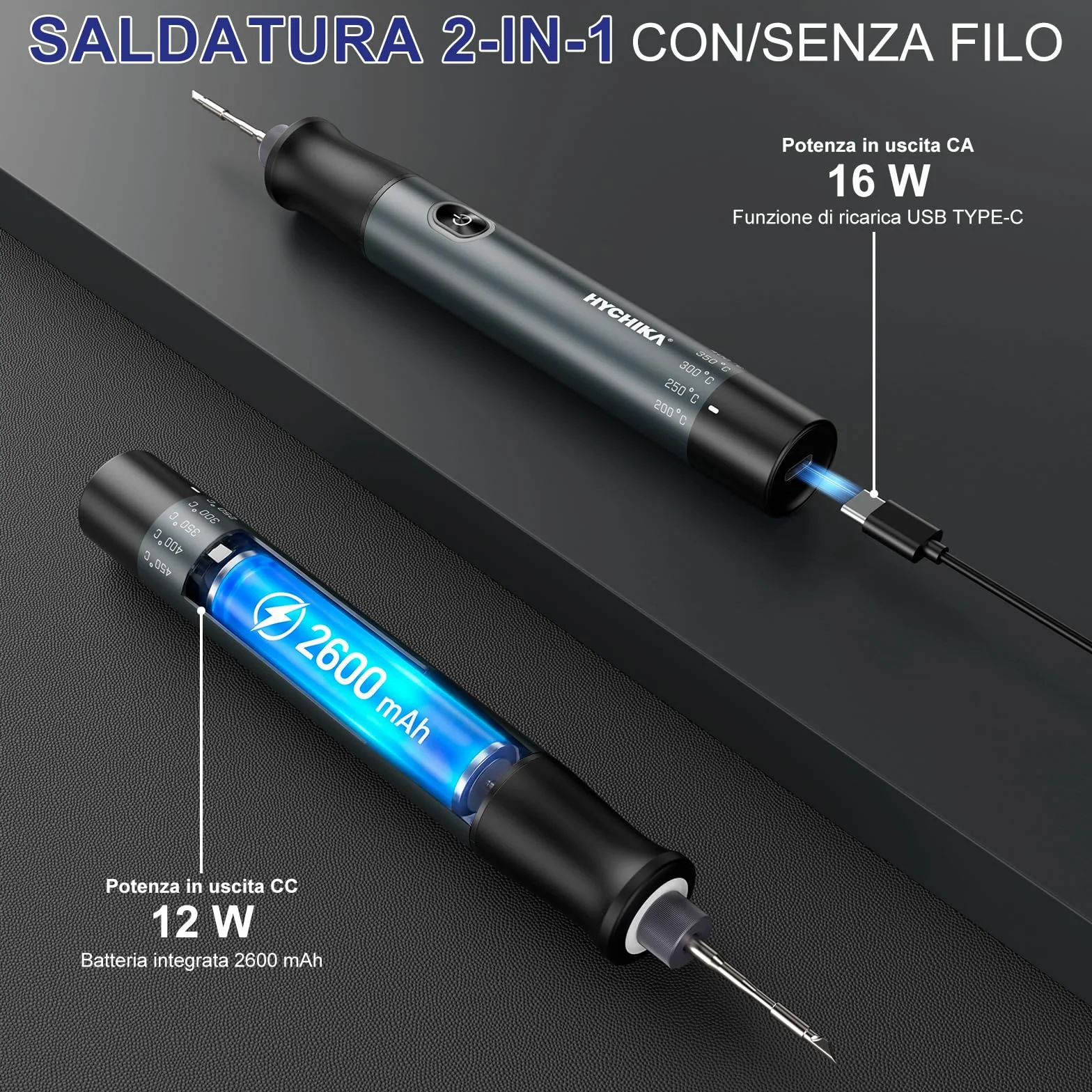 HYCHIKA Saldatore a Stagno a Batteria 2600mAh Riscaldamento Rapido 7s (200℃-450℃) Sospensione Spegnimento Auto