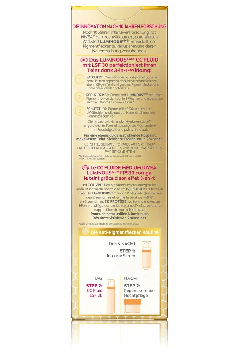 NIVEA CC Creme Luminous 630 Getöntes Fluid MIttel LSF 30, 40 ml Crema