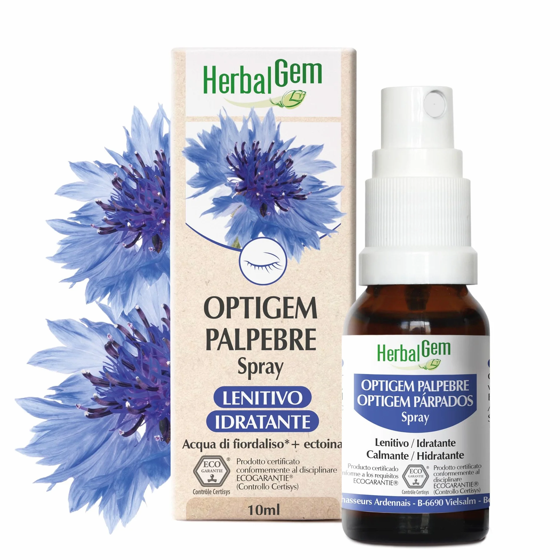 Herbalgem- Spray Palpebre Bio Optigem - Sollievo per Occhi Stanchi e Irritati - Spray Idratante Lenitivo al Fiordaliso -10 ml