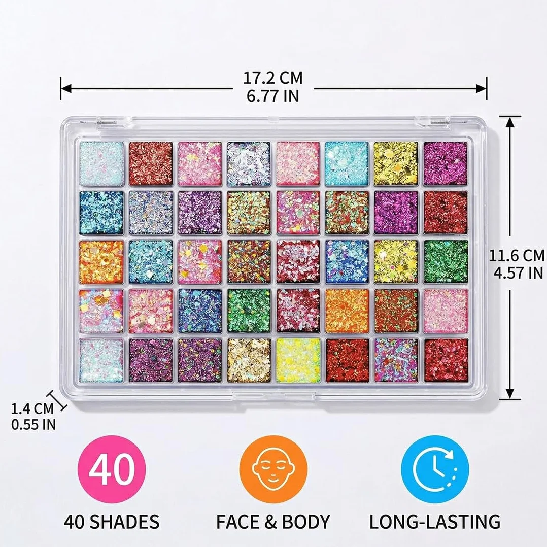 Palette Ombretti Glitter 40 Colori, Altamente Pigmentata per Viso & Corpo. Effetto Gel Lunga Durata per Trucchi Carnevale, Festa, Adulti & Bambini.
