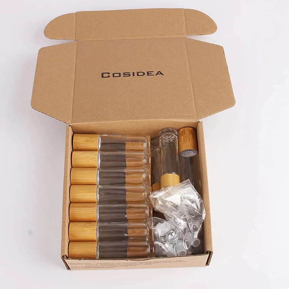 COSIDEA 18 bottiglie a rullo in bambù da 10 ml con tappo in bambù per oli essenziali, vuote, in vetro, per profumo, trasparenti