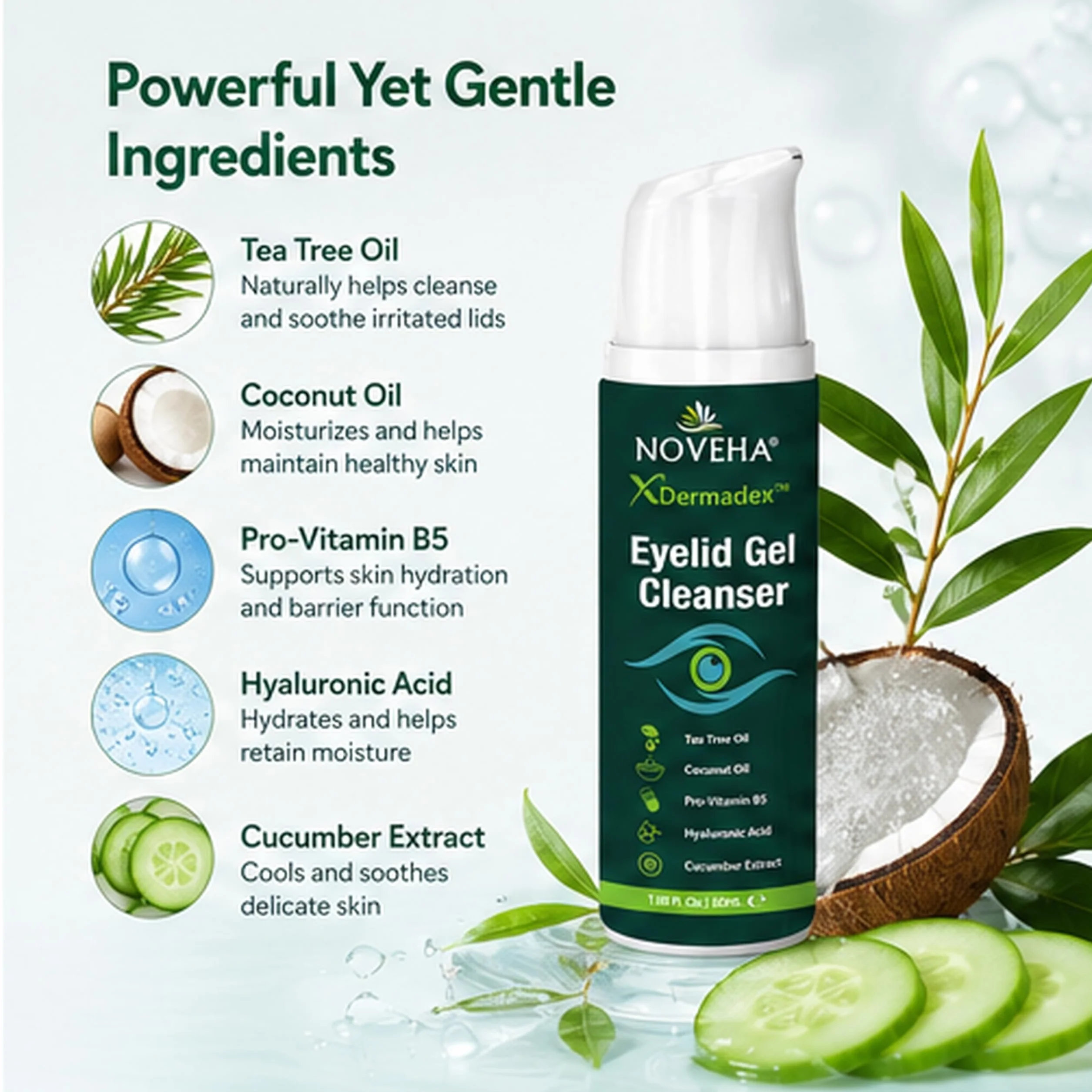 NOVEHA Demodex Gel Detergente Extra Forte per Palpebre - per Demodex, Mgd e Occhio Secco Con Pro-Vitamina B5, Olio di Tea Tree e Acido Ialuronico - Pulizia Morbida, Allevia Il Prurito Della Palpebra -