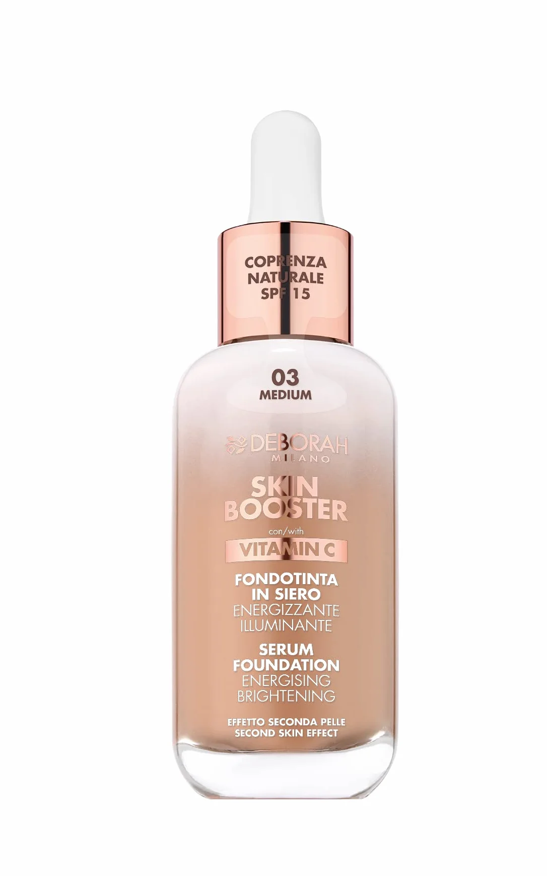 Deborah Milano - Skin Booster Fondotinta in Siero SPF 15, N.3 Medium, Energizzante e Illuminante, con Vitamina C, Effetto Naturale, Uniforma l'Incarnato, 30 ml