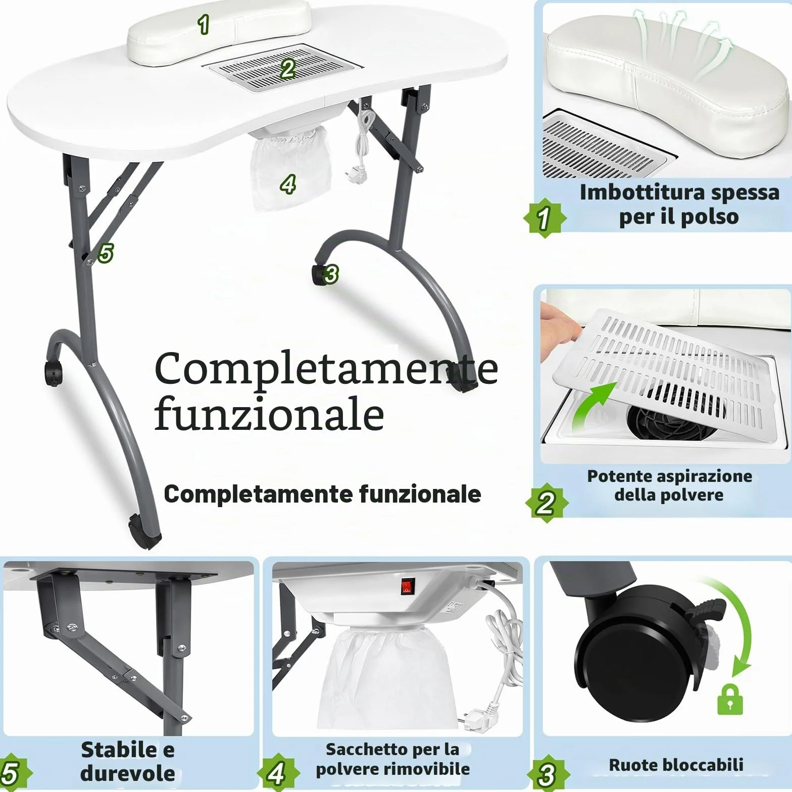 LZQ Tavolo per unghie con aspirazione, tavolo da manicure pieghevole con aspirapolvere per unghie, 90 x 37 x 77 cm, bianco