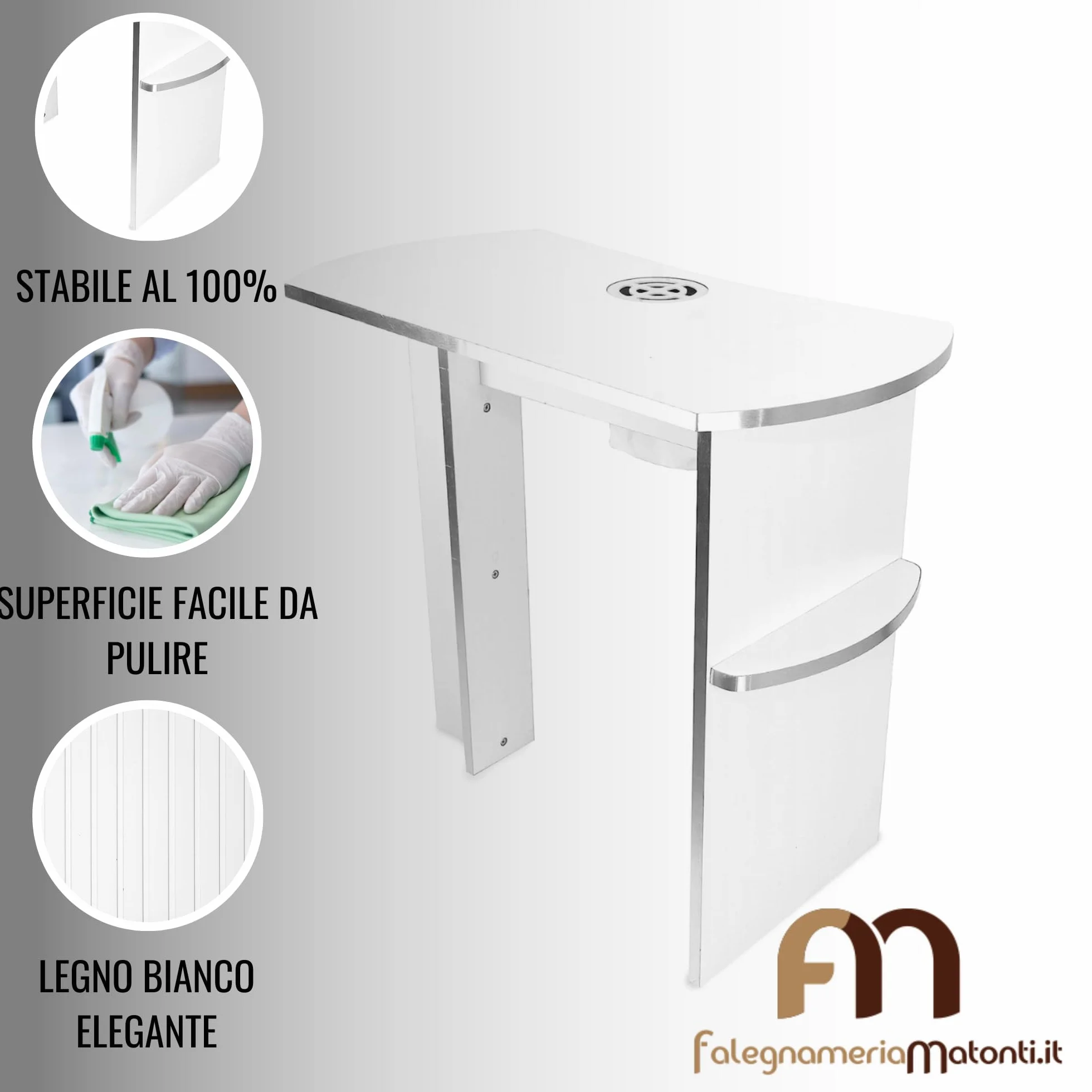 Matonti - Tavolo Manicure Professionale per Unghie con Aspiratore Elettrico e intarsi in acciaio - Ideale per Nail Art Ricostruzione Unghie, + Aspiratore per Polveri - Made in Italy, in Legno Bianco