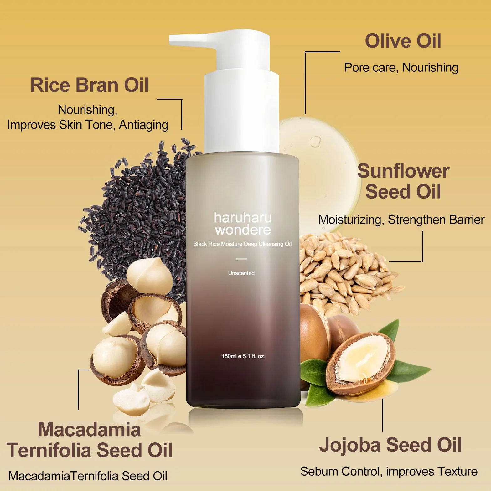 Black Rice Moisture Deep Cleansing Oil 5.1 fl.oz / 150ml | Detergente viso coreano, struccante | Vegano, Cruelty Free | Olio di Semi di Jojoba, Olio di Semi di Macadamia